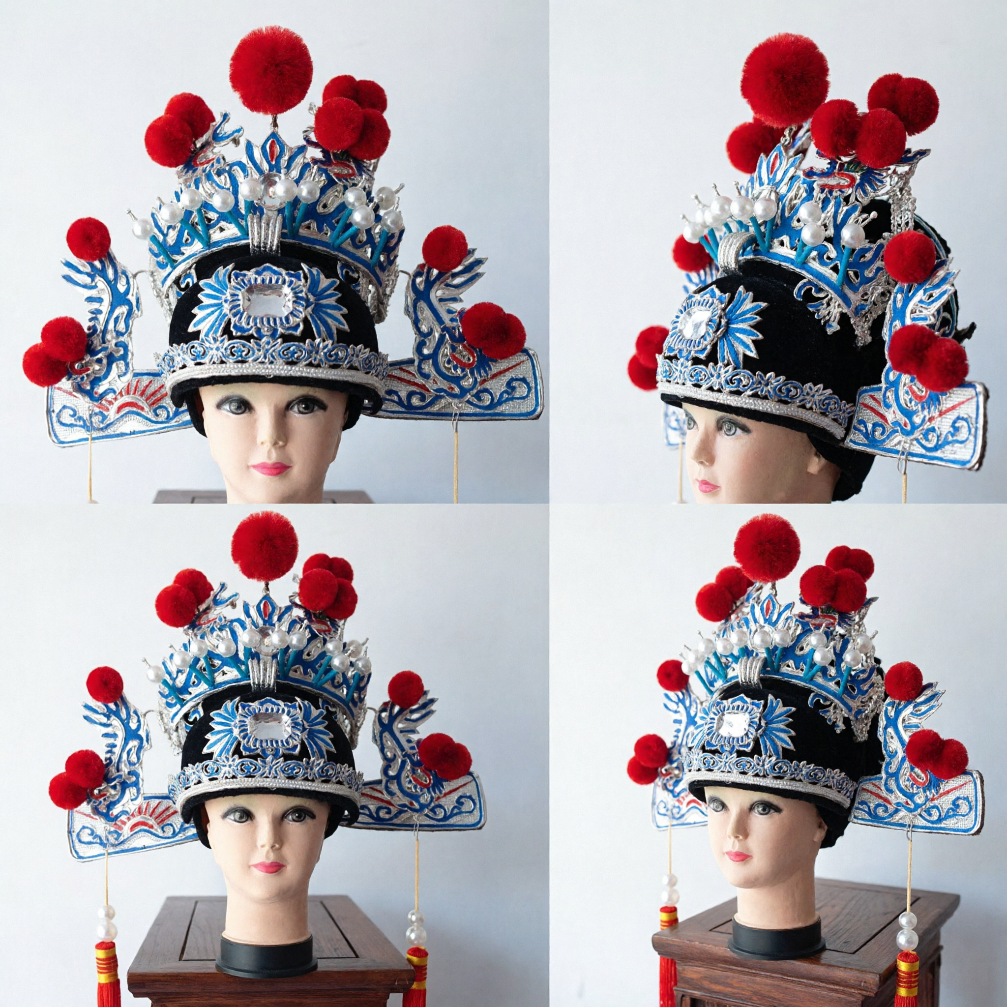 Traditioneller chinesischer Peking-Oper-Haarschmuck Blau Silber Stickerei Generalhelm mit roten Puscheln für Bühnenauftritt - Asian Costume