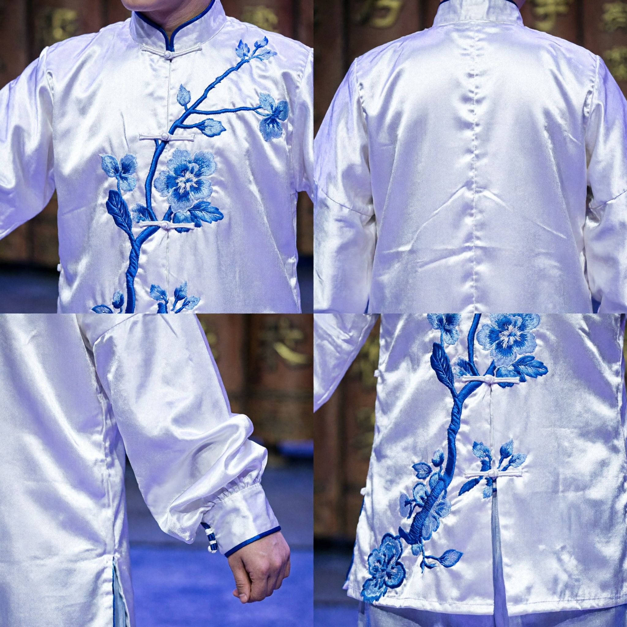 Uniforme de Kung Fu Blanco con Estampado de Bambú para Hombres, Traje Tradicional Chino de Artes Marciales Wushu para Representaciones Escénicas - Asian Costume