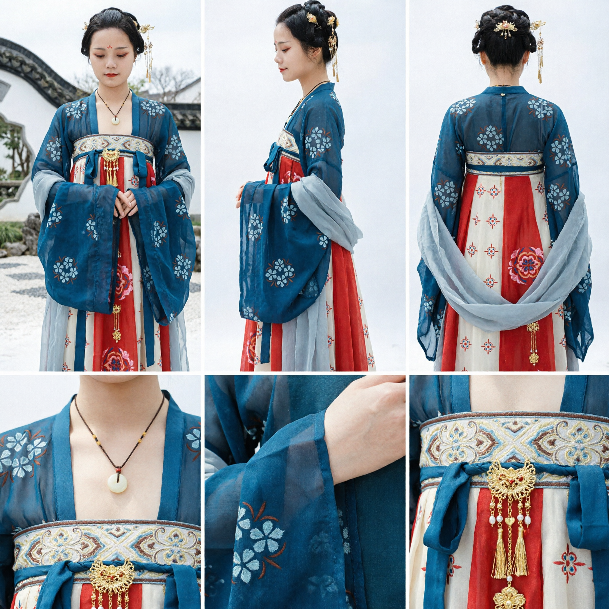 Elegant Chinese Traditional Hanfu Tang Dynasty Blue Floral Embroidered Ancient Costume Fairy Dress for Women - Asian Costume