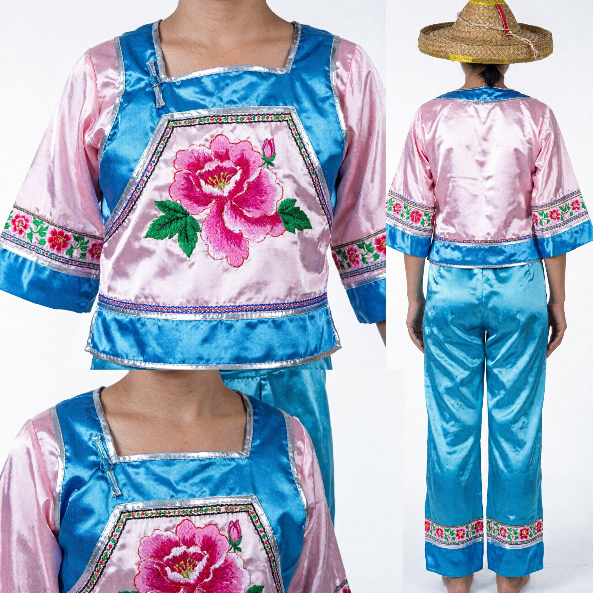 Costume tradizionale cinese da danza popolare per ragazze, vestito di raso blu con motivo a rose e set con cappello di paglia - Asian Costume