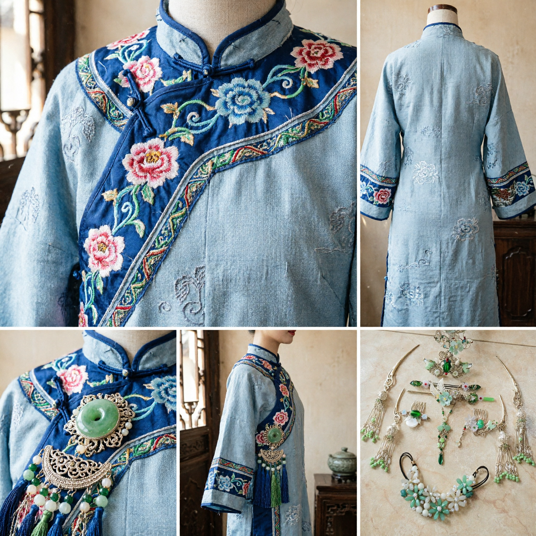 Traditionele Chinese Hanfu Haaraccessoires Set Groene Bloemen Haarspelden Kammen Ketting voor Vrouwen Bruiloft Cosplay - Asian Costume