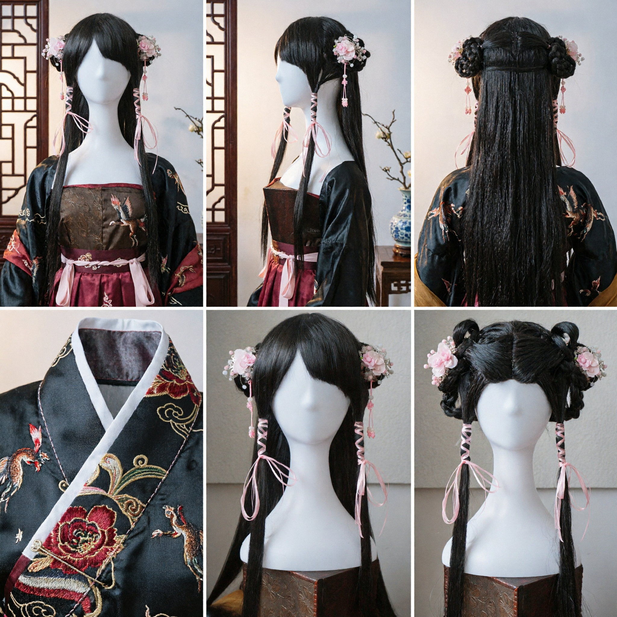 Longue perruque noire chinoise ancienne, coiffure Hanfu avec épingles à cheveux florales roses, pour costume traditionnel et cosplay - Asian Costume