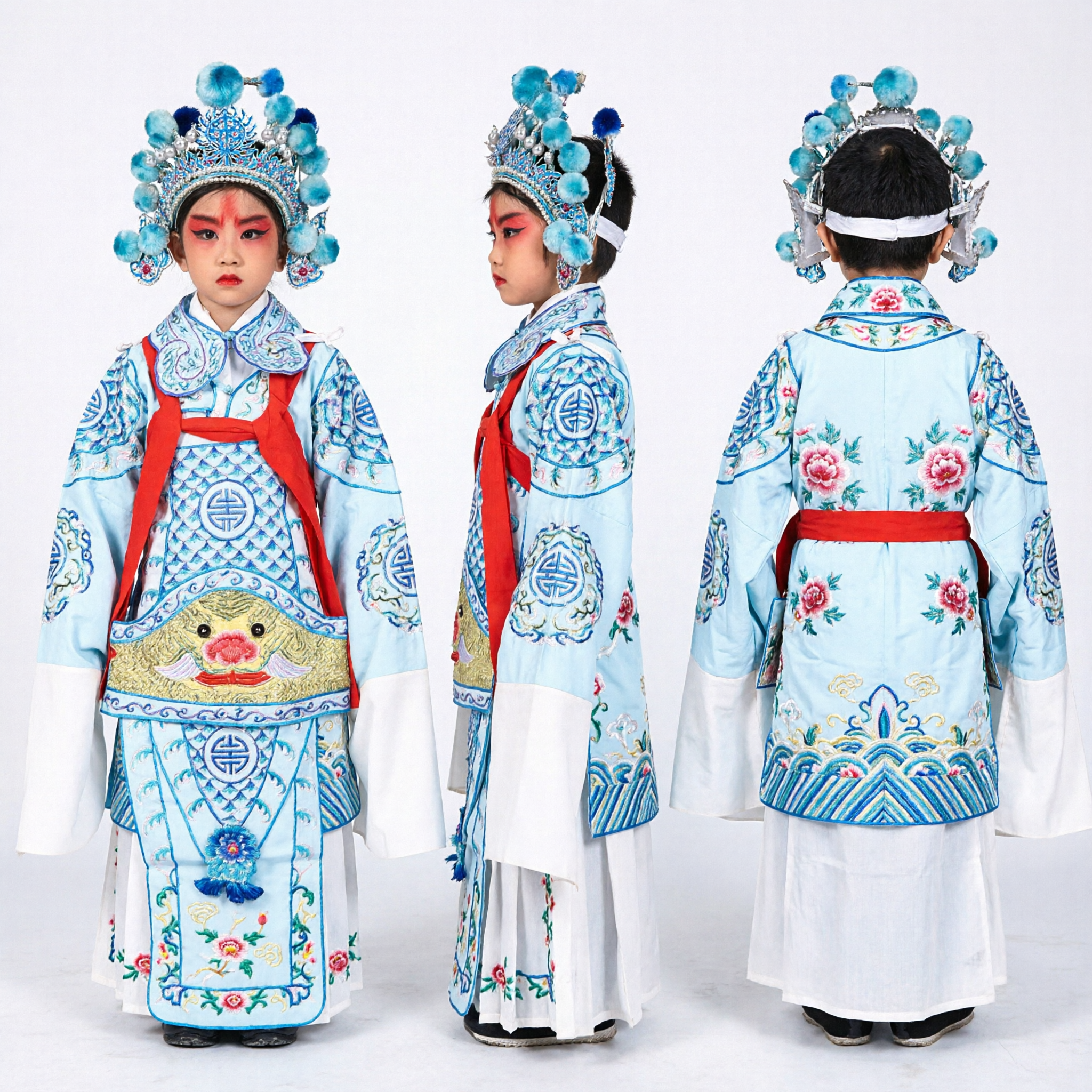Traje de General Wusheng de la Ópera de Pekín para Niños, Conjunto de Armadura Bordada Azul para Representaciones Escénicas - Asian Costume