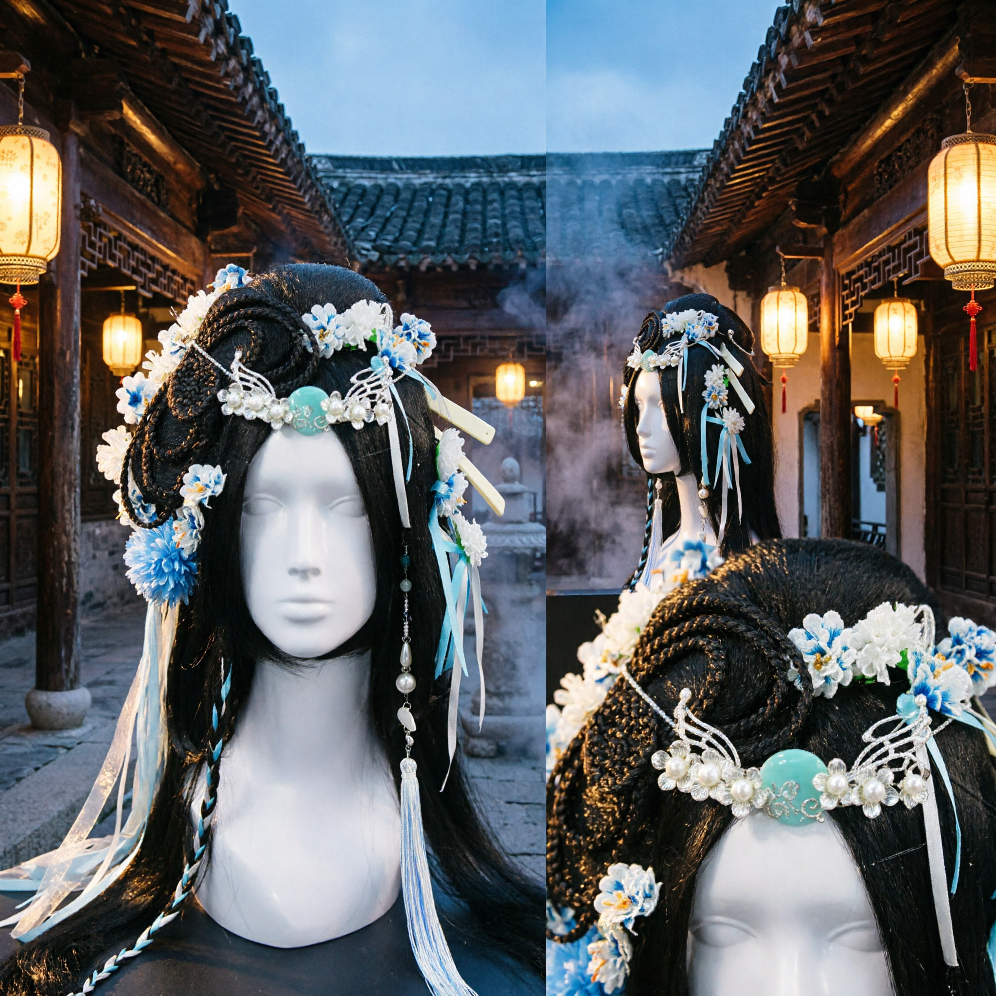 Accessori per capelli da fata antica cinese, copricapo floreale blu e bianco con parrucca intrecciata, per cosplay Hanfu - Asian Costume