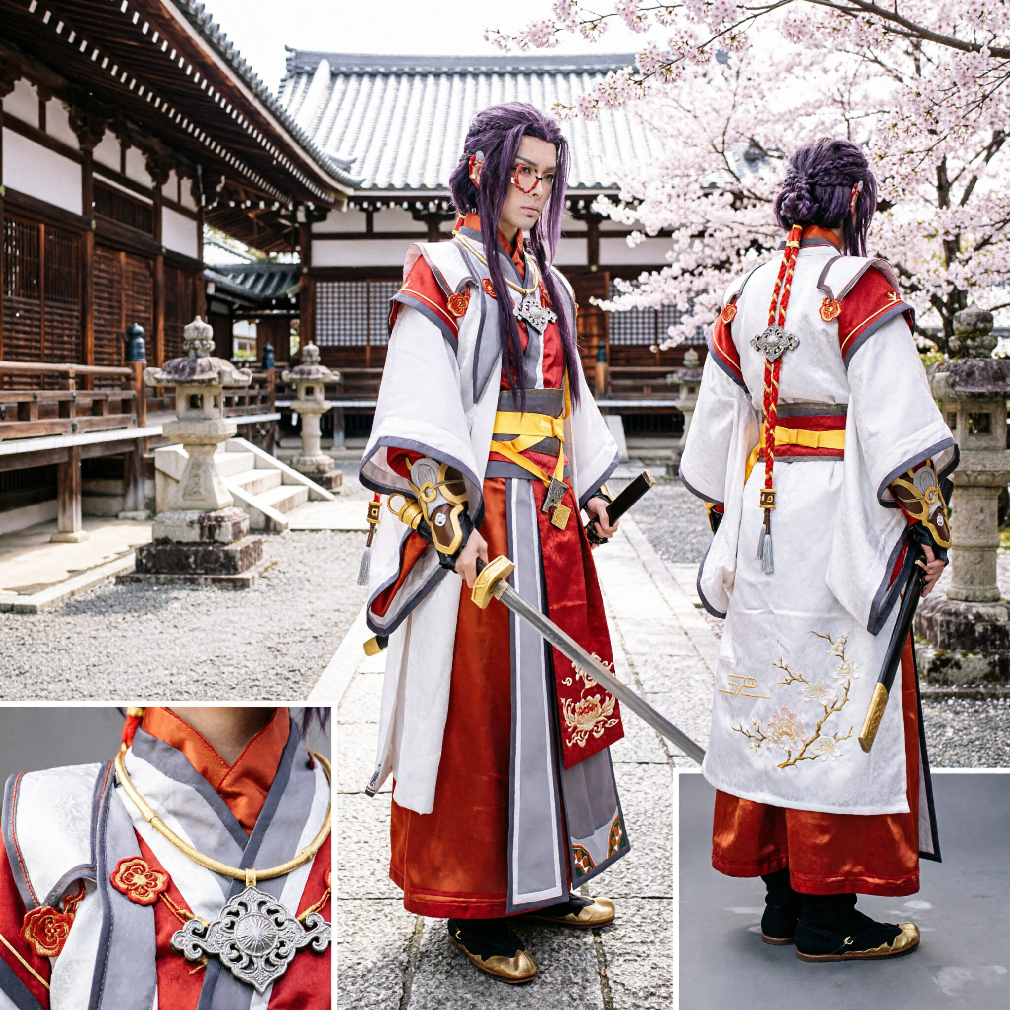 Traditional Chinese Wuxia Swordsman Cosplay Costume Red and White Ancient Hanfu Robes for Men Complete Set - Asian Costume