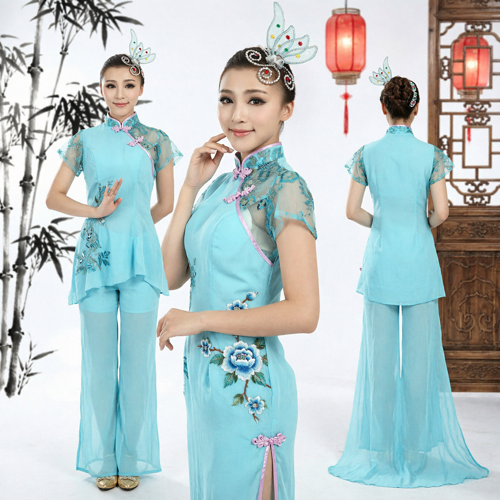 Costume Elegante Blu per Danza Yangge Cinese Outfit Tradizionale per Spettacoli Folkloristici Femminile con Copricapo a Farfalla - Asian Costume