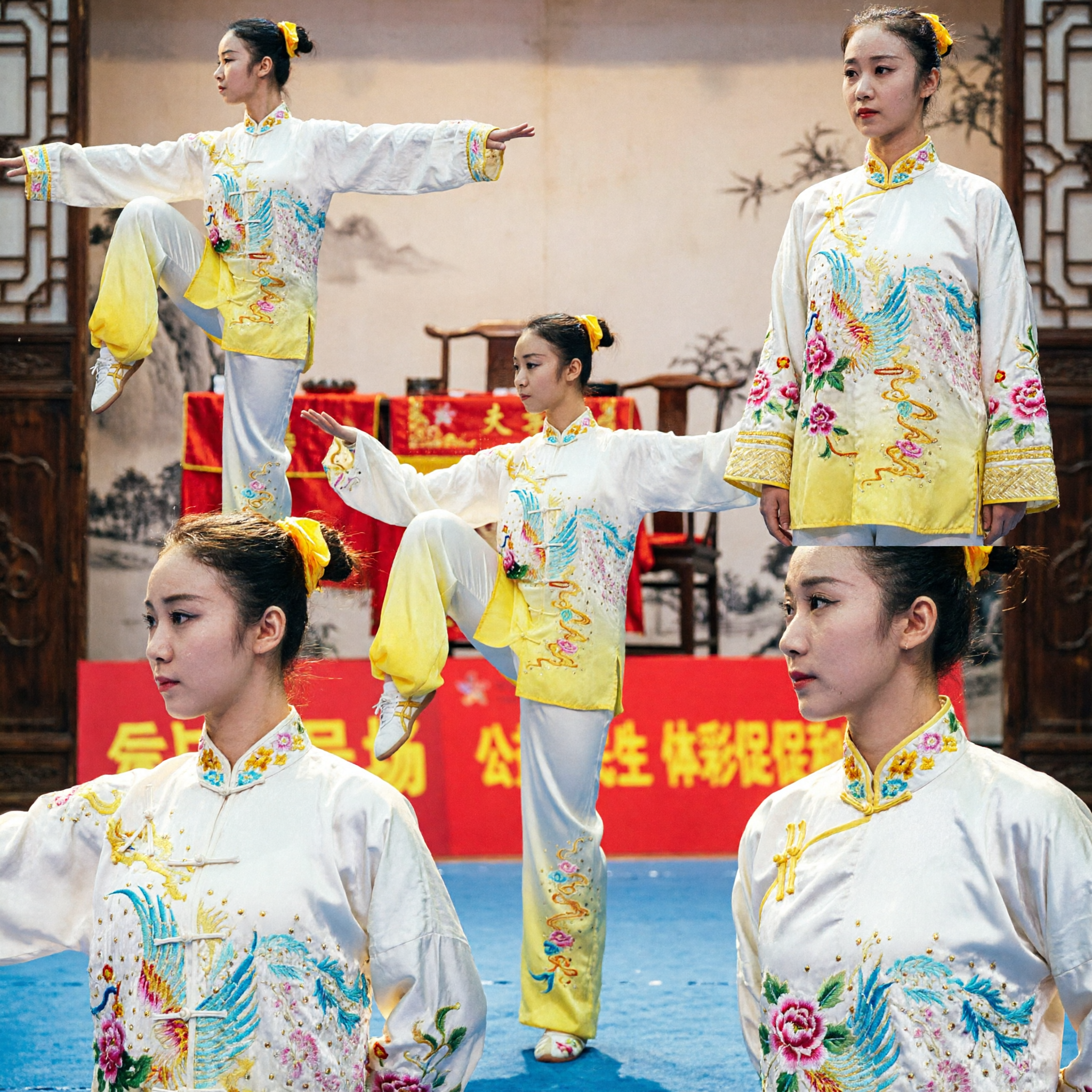 Damen traditionelle chinesische Wushu-Uniform weiße und gelbe Tai-Chi-Kung-Fu-Anzug mit Phönix-Stickerei für Wettkampf - Asian Costume