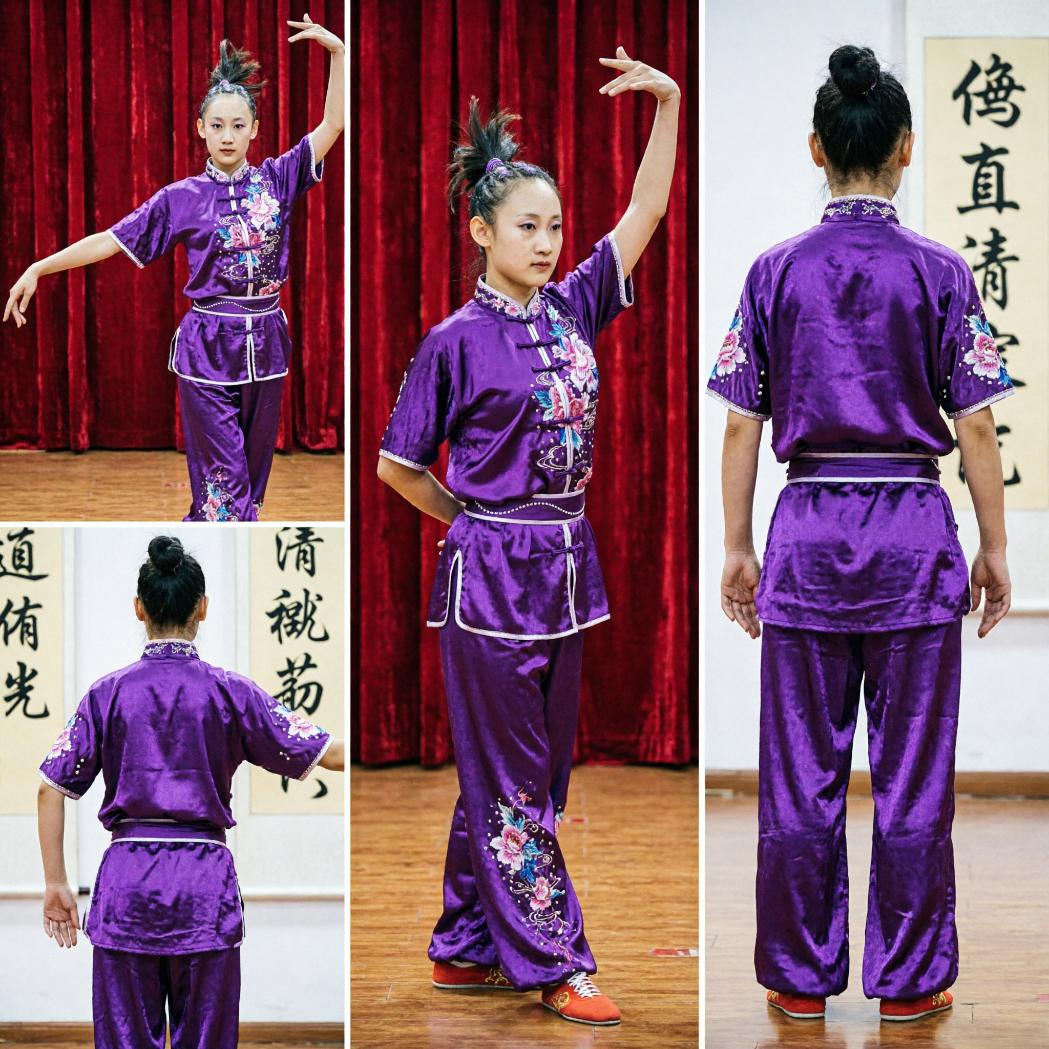 Uniforme Profissional de Wushu Roxo para Meninas Traje Infantil de Kung Fu Traje de Competição de Tai Chi com Bordado Floral - Asian Costume