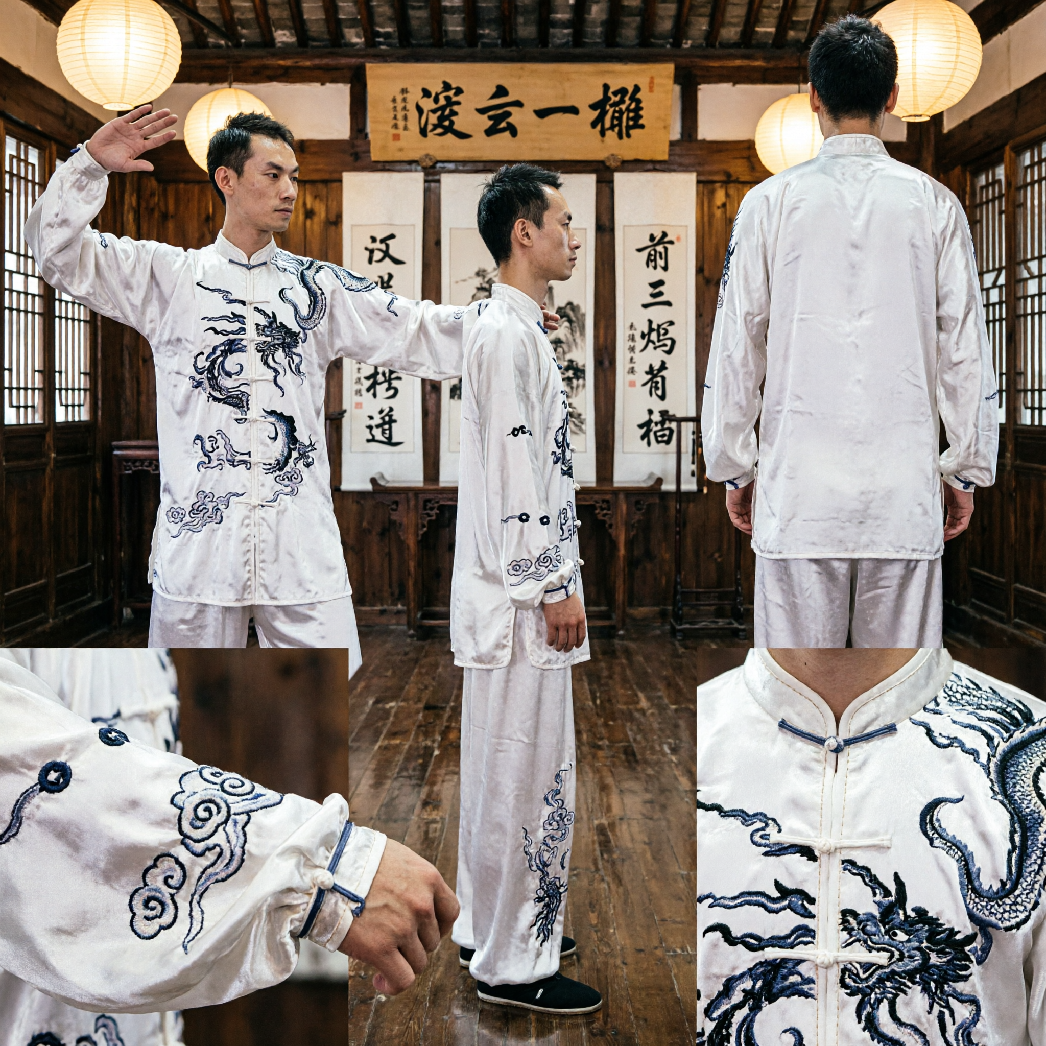 Mannen Witte Tai Chi Uniform met Drakenborduurwerk Traditioneel Kung Fu Wushu Martial Arts Kostuum voor Wedstrijd - Asian Costume