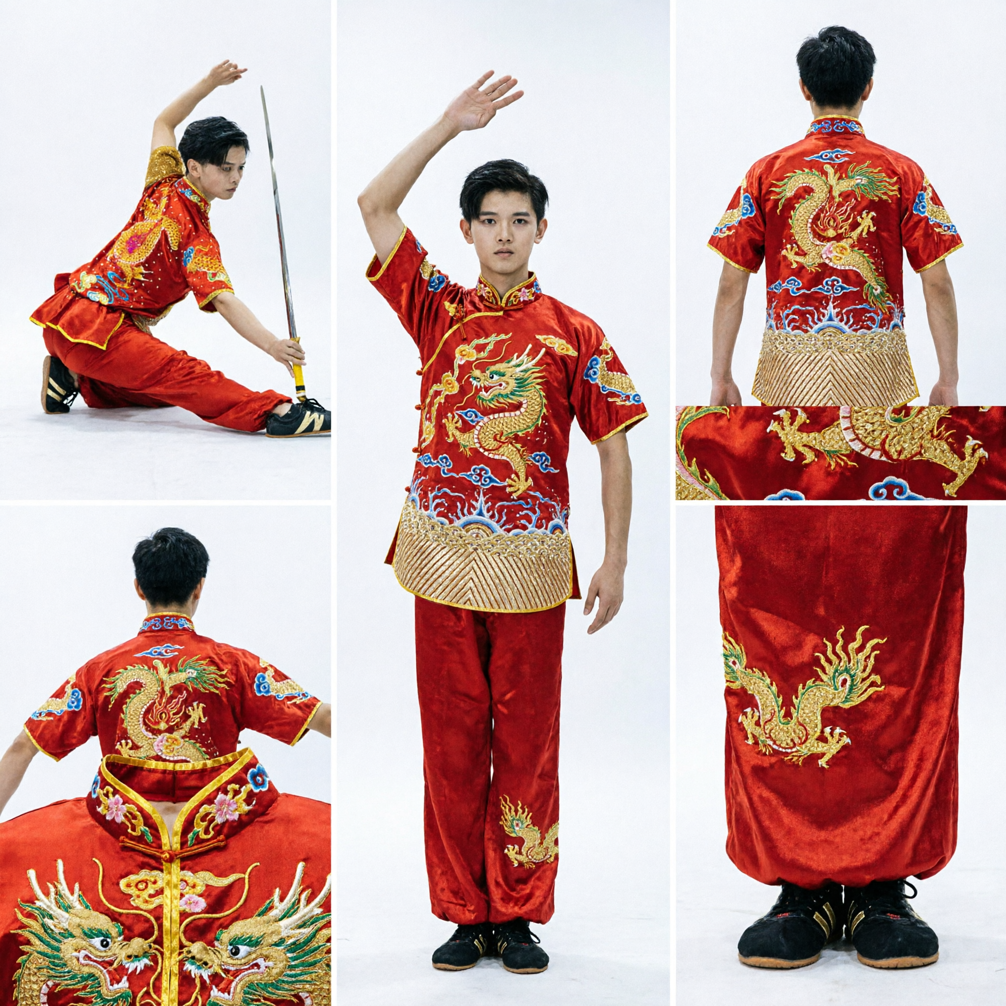Uniforme Tradicional Chino de Kung Fu para Niños, Traje de Presentación de Wushu y Artes Marciales con Bordado de Dragón Rojo - Asian Costume