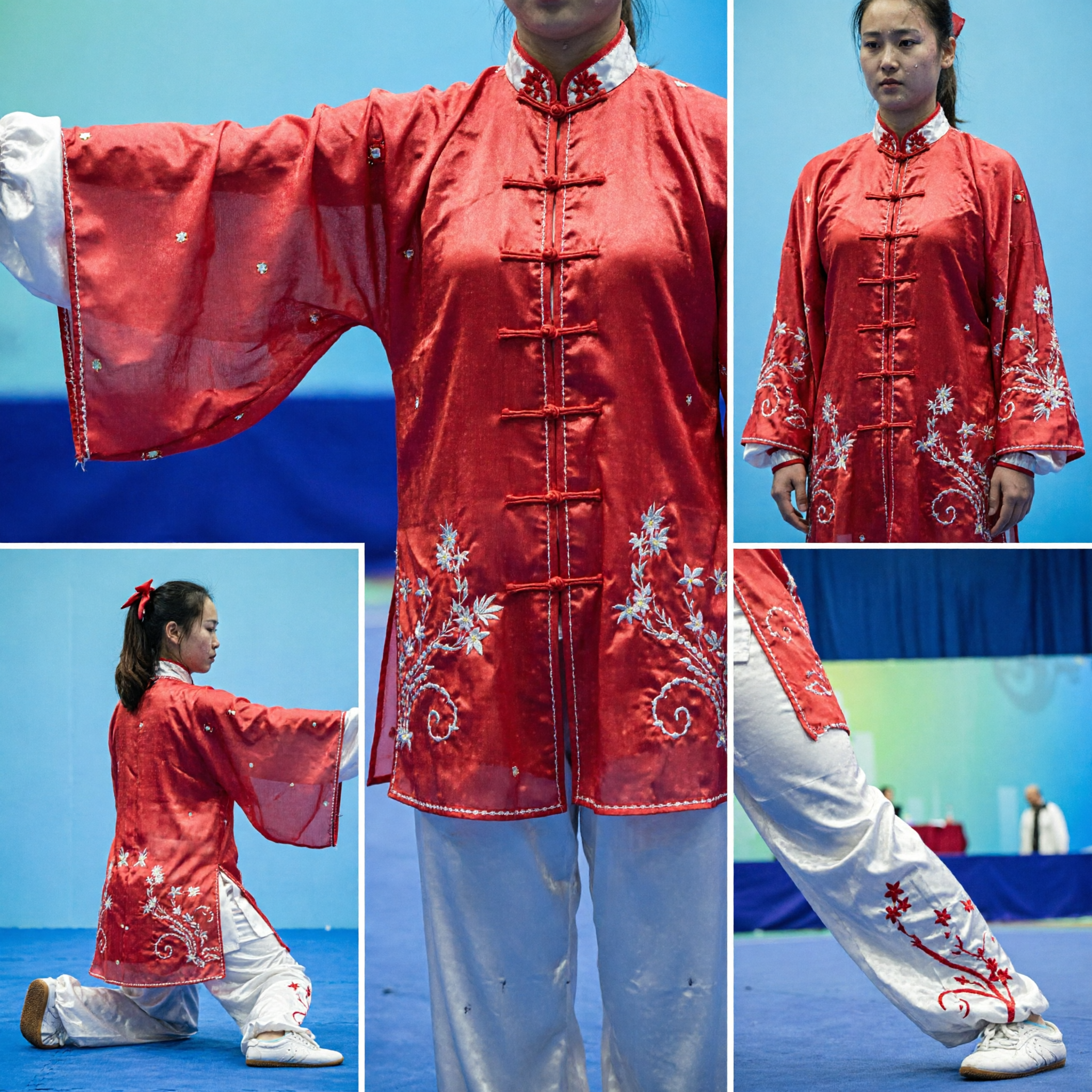 Professionelles Wushu Changquan Uniform-Set Rote Seidenbluse Weiße Hose Stickerei Kampfkunstkostüm für Damen - Asian Costume