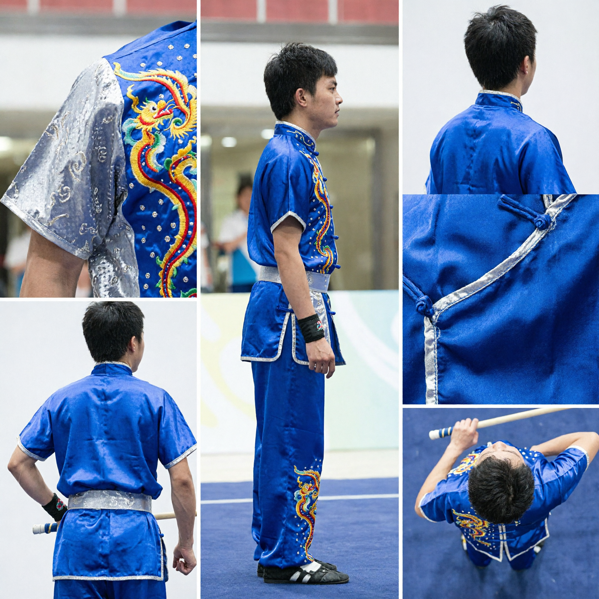 Uniforme de Wushu Azul para Homens com Bordado de Dragão, Fantasia Tradicional de Kung Fu Changquan para Competição e Performance - Asian Costume