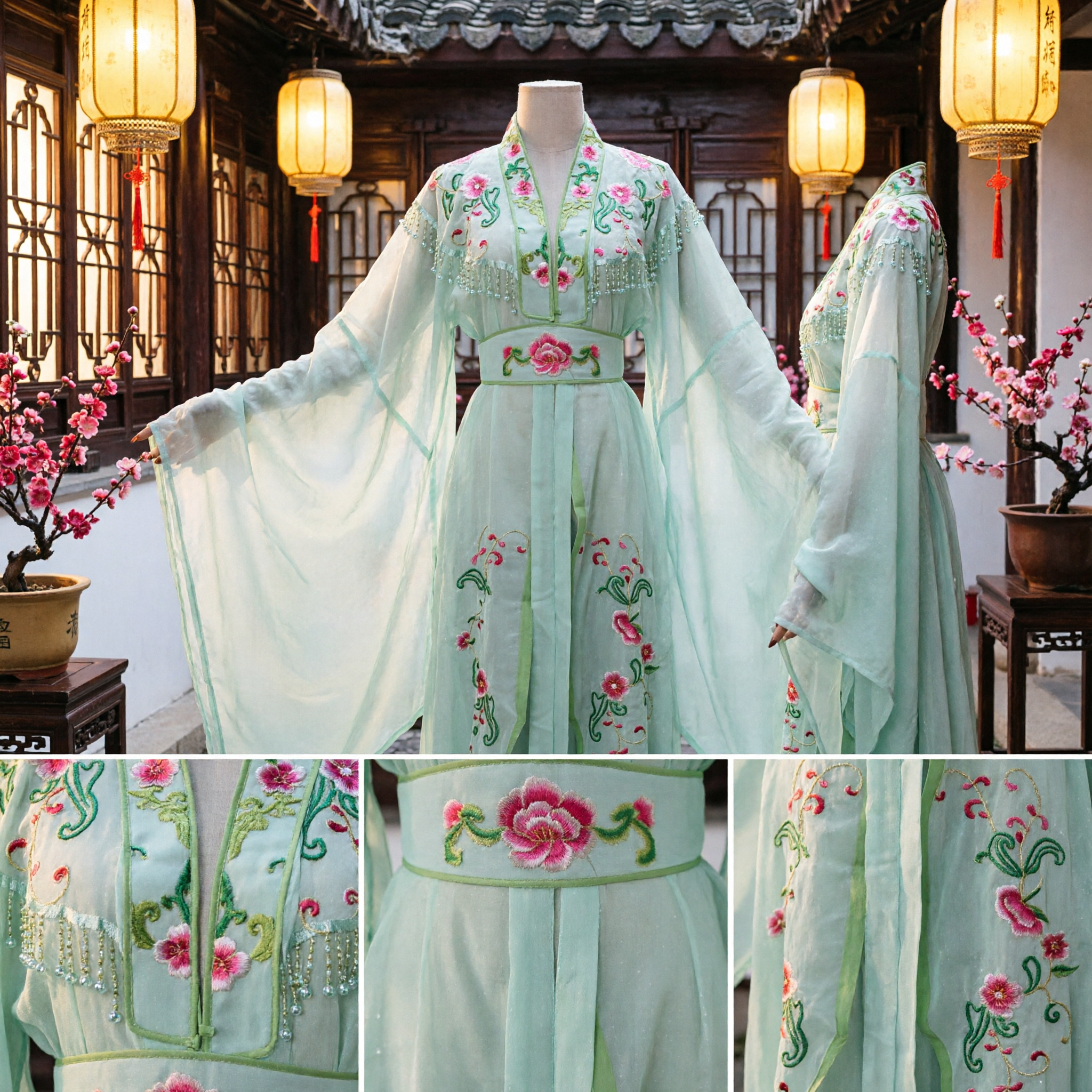 Robe Hanfu traditionnelle chinoise vert clair à col croisé brodée de motifs floraux avec manches larges pour cosplay et spectacle - Asian Costume