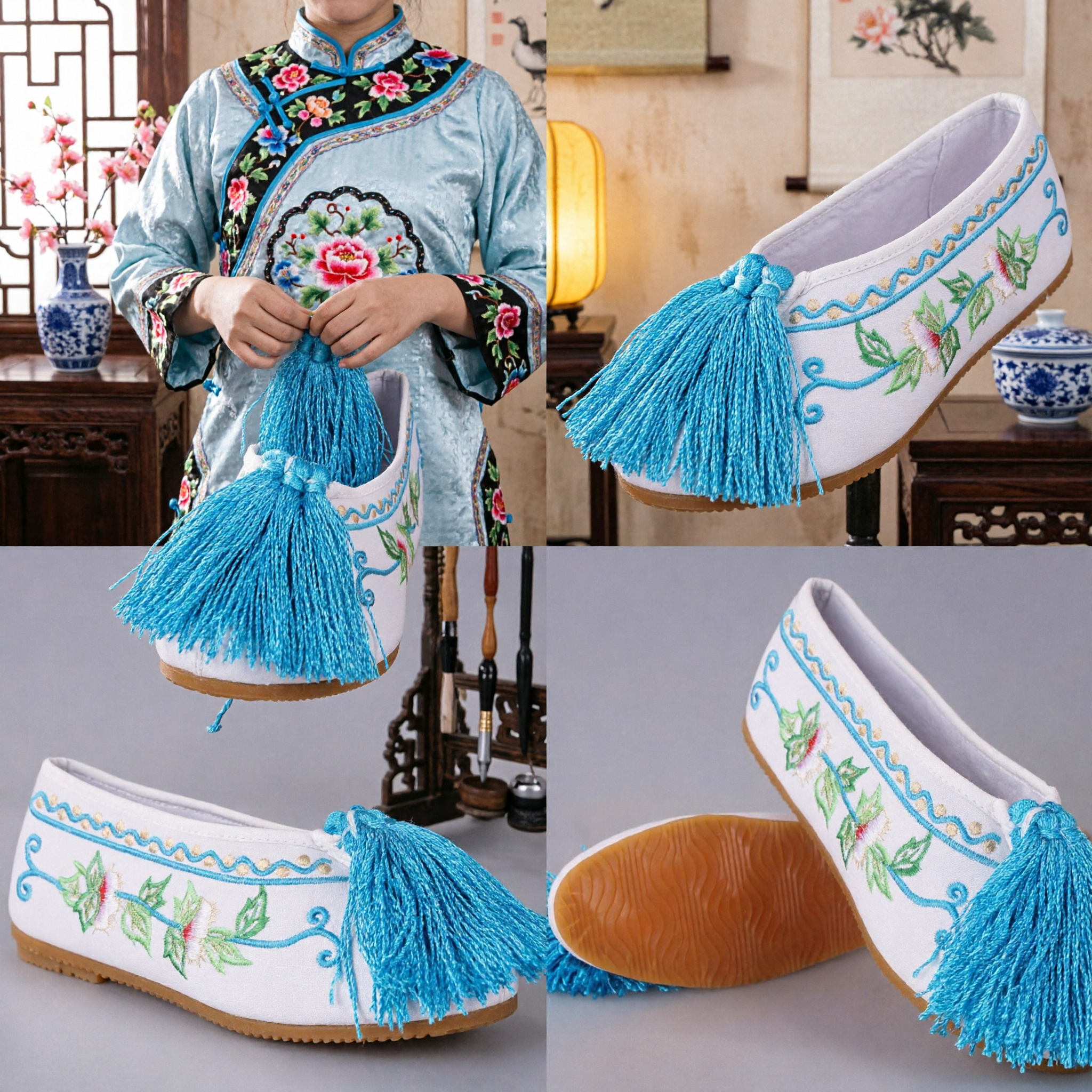 Scarpe Tradizionali Cinesi Hanfu Ricamate con Nappe Blu per Danza, Matrimonio, Cosplay e Spettacoli per Donne - Asian Costume