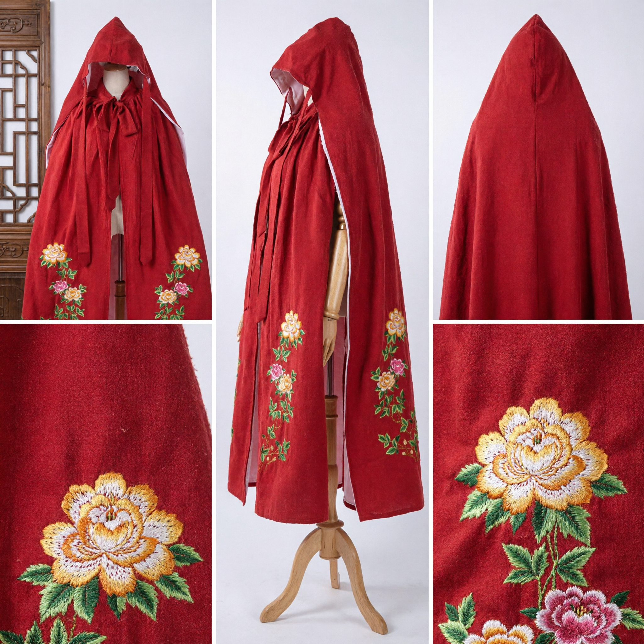 伝統中国赤漢服マント フード付きケープ 花柄刺繍 女性冬用コスプレ - Asian Costume