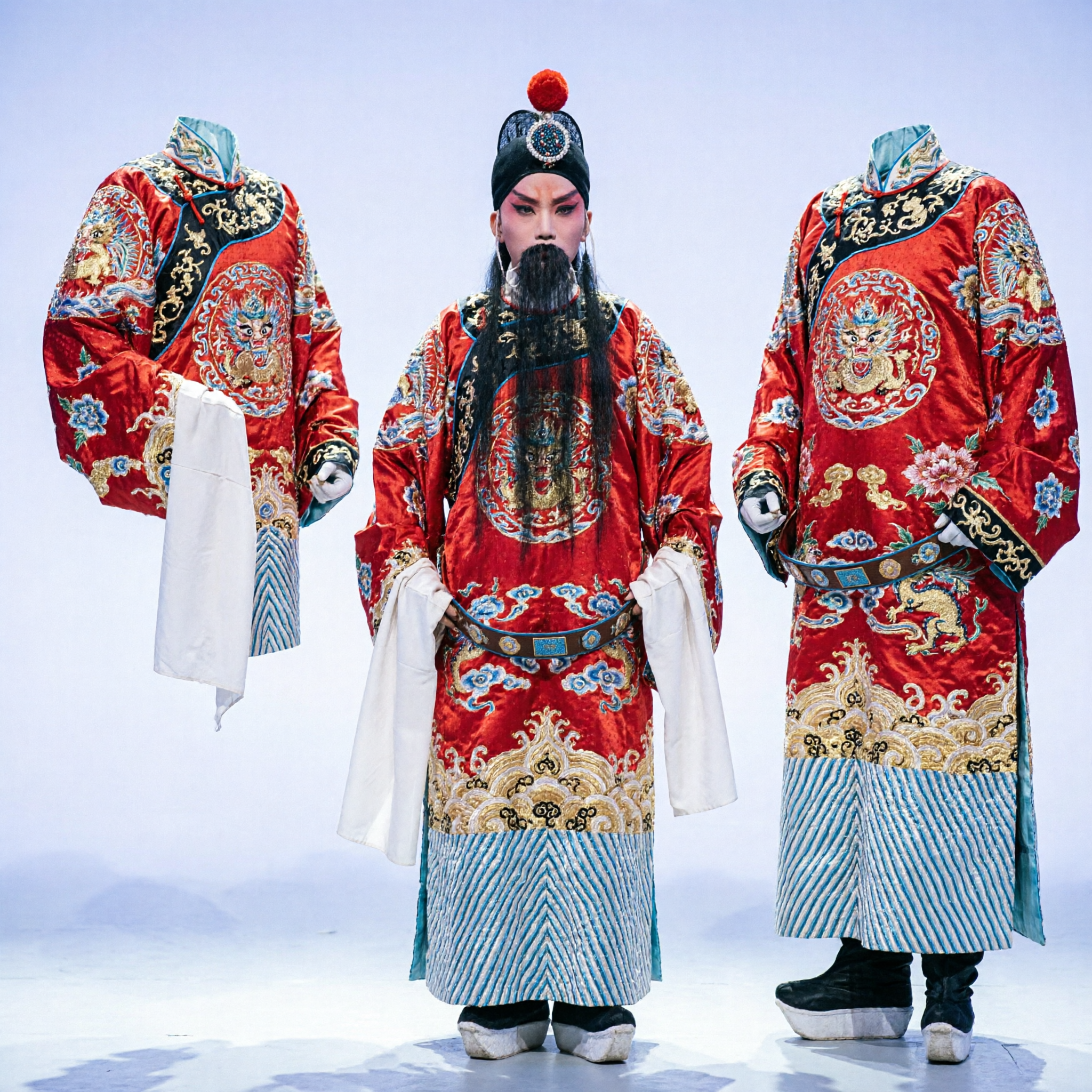 Traje de Ópera de Pequim Chinês Tradicional Conjunto Completo de Robe do Dragão Vermelho para General Masculino em Espetáculo - Asian Costume