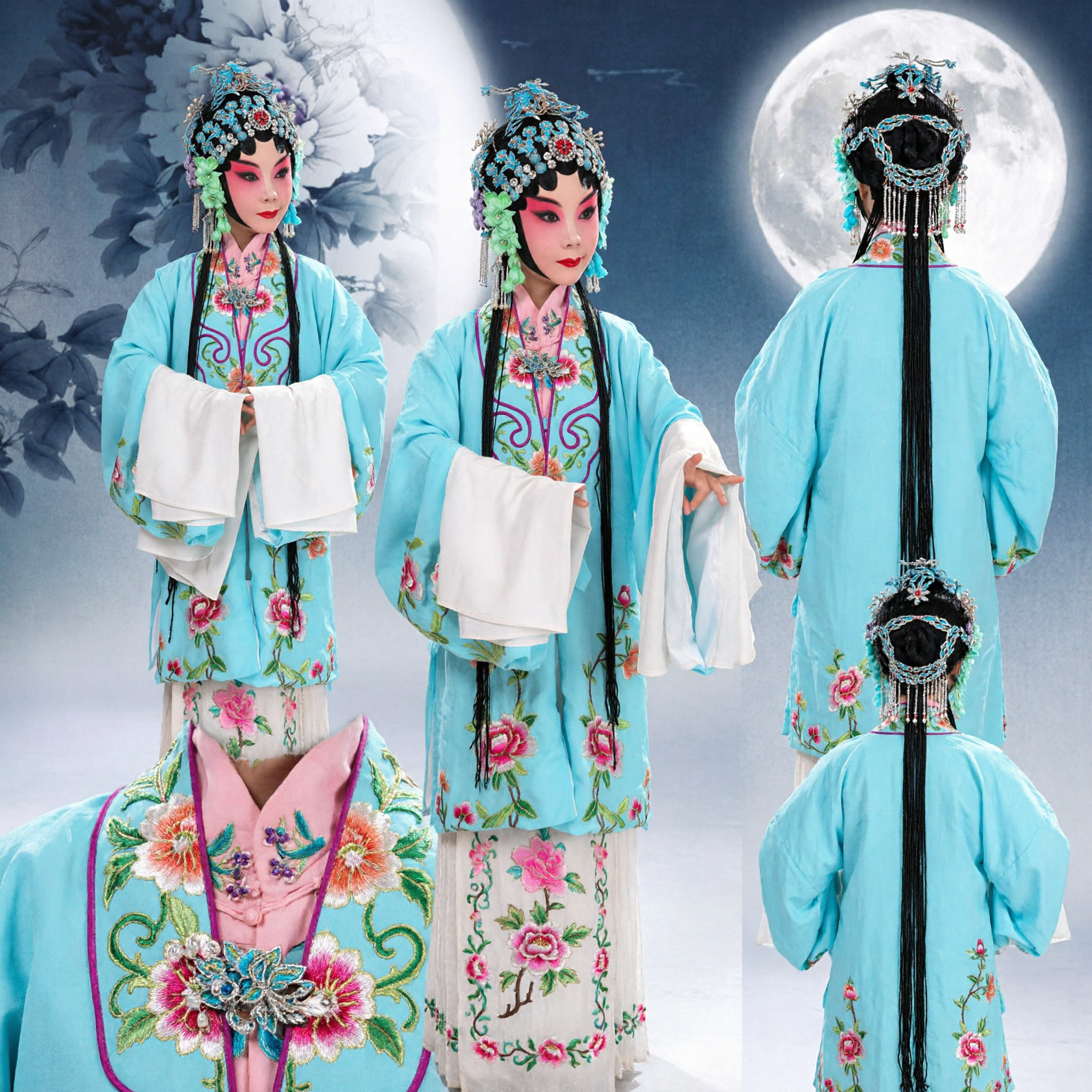 Vrouwen Traditioneel Chinees Peking Opera Kostuum Blauw Bloemen Borduurwerk Gewaad met Watermouwen en Hoofdtooi voor Podiumoptreden - Asian Costume