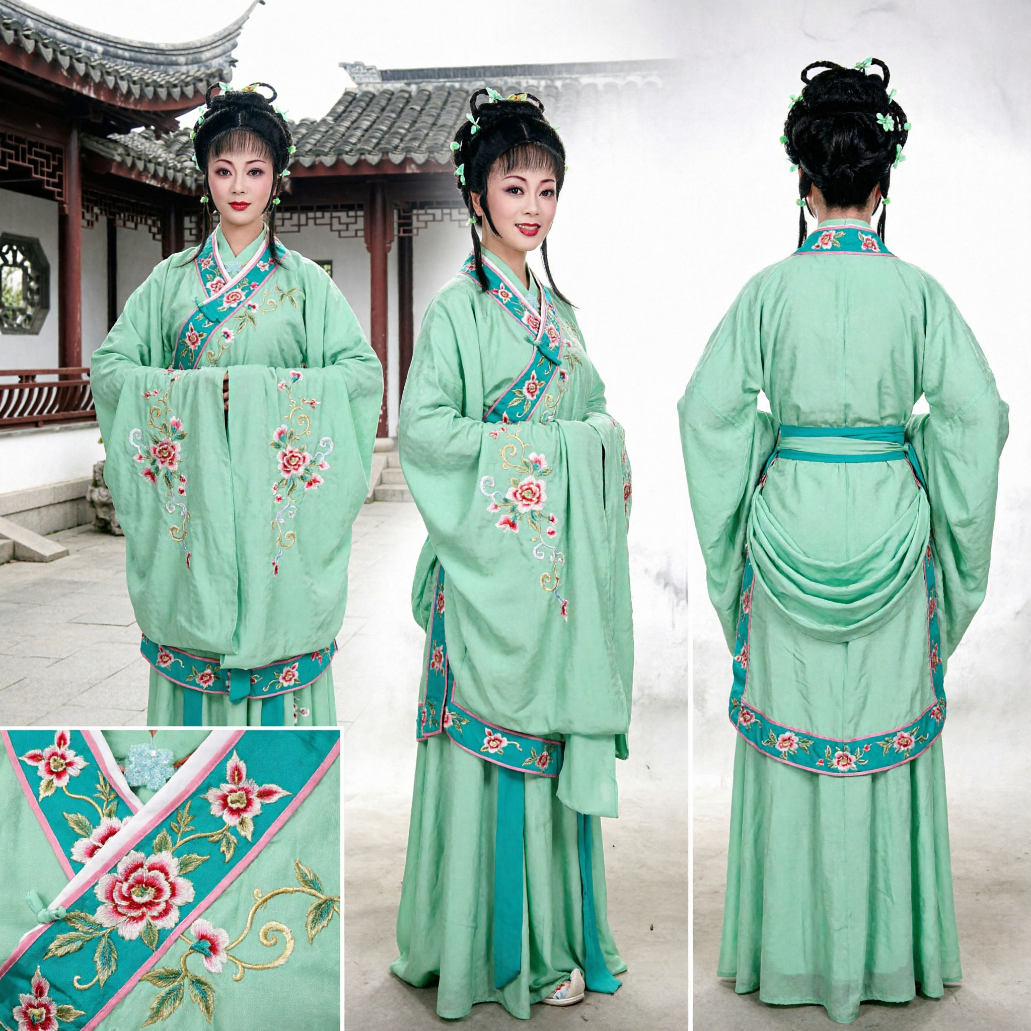 Traje de Ópera Verde Tradicional Chinês com Mangas D'Água Longas para Performance Feminina em Palco Vestido de Ópera Yue - Asian Costume