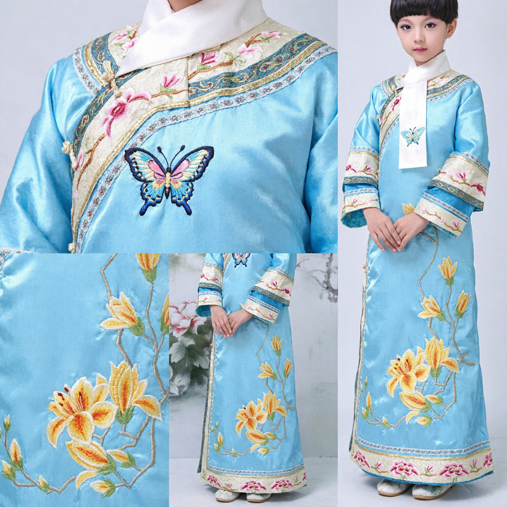 Costume de princesse de la dynastie Qing bleu pour filles - Robe brodée mandchoue traditionnelle chinoise pour enfants, cosplay d'Halloween - Asian Costume