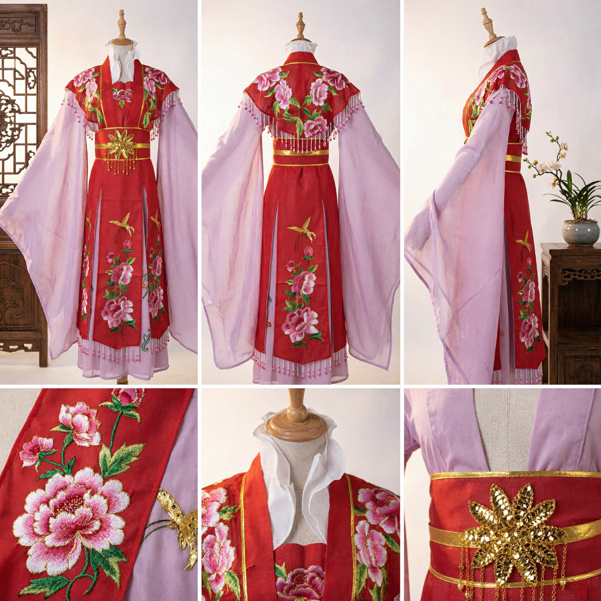 Robe Hanfu rouge traditionnelle chinoise avec longues manches d'eau et broderie de pivoine pour performance scénique - Asian Costume