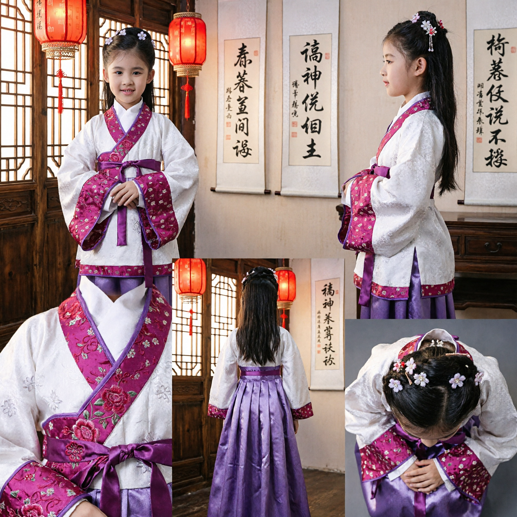 Traje Tradicional Chinês Hanfu para Meninas, Vestido Antigo do Palácio Branco e Roxo, Traje de Performance para Crianças - Asian Costume