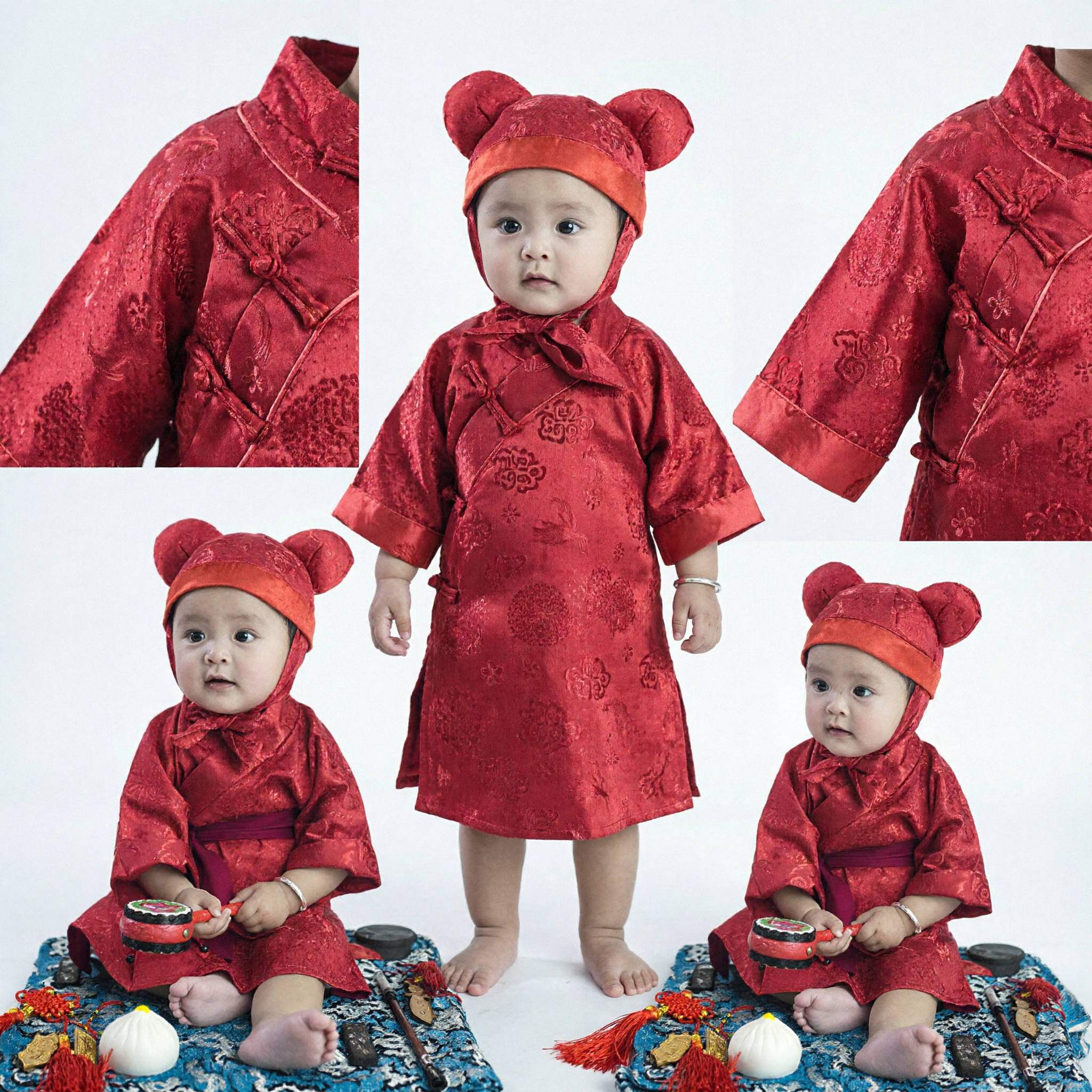Costume Traditionnel Chinois pour Bébé Tangzhuang Rouge avec Chapeau pour le Nouvel An et le Festival du Printemps Photographie - Asian Costume