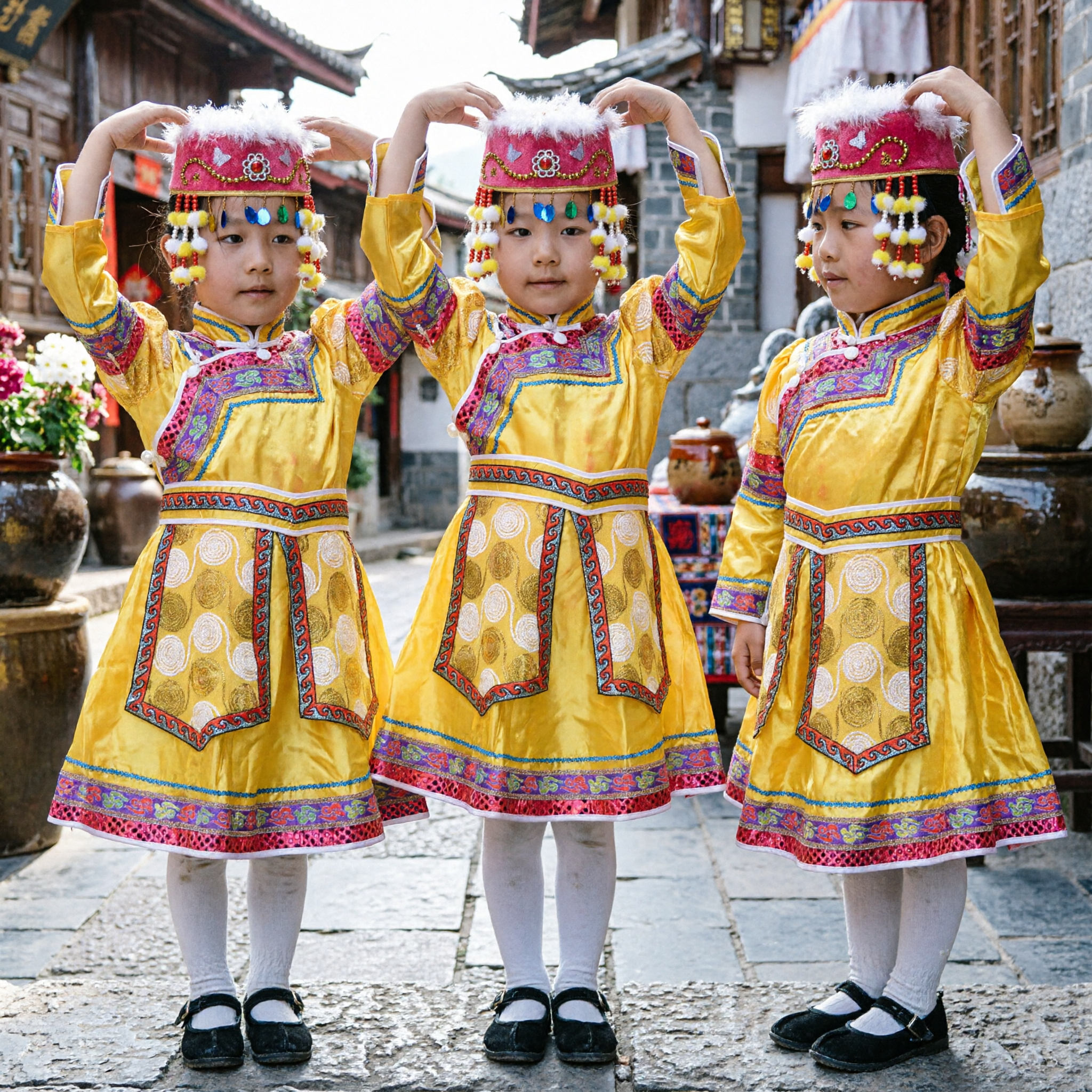 زي الرقص الإثني المنغولي التقليدي للأطفال - فستان أصفر مع قبعة للفتيات للعروض المسرحية - Asian Costume