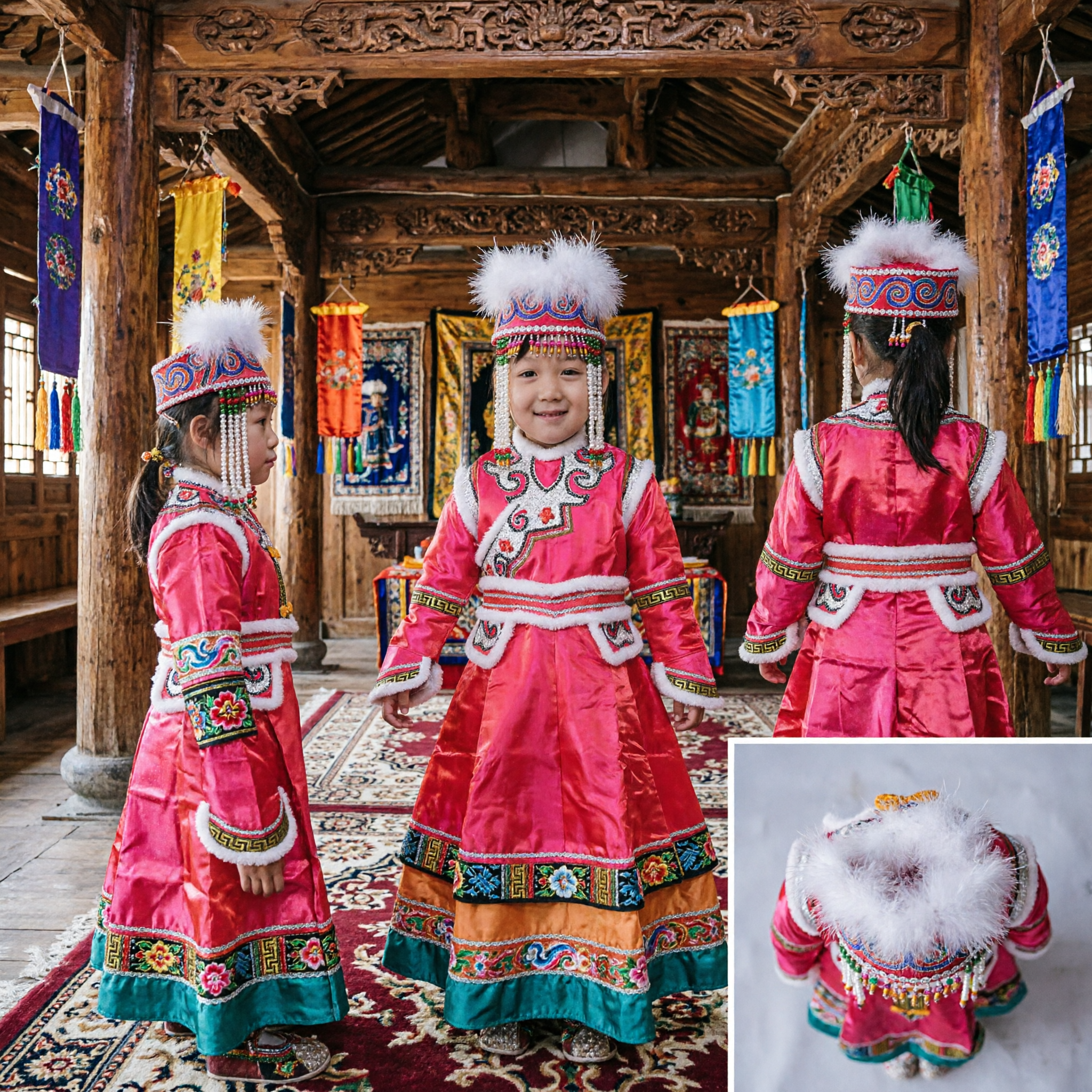Pink Chinese Traditional Mongolian Dance Costume for Girls Kids Ethnic Minority Performance Dress with Hat - Asian Costume