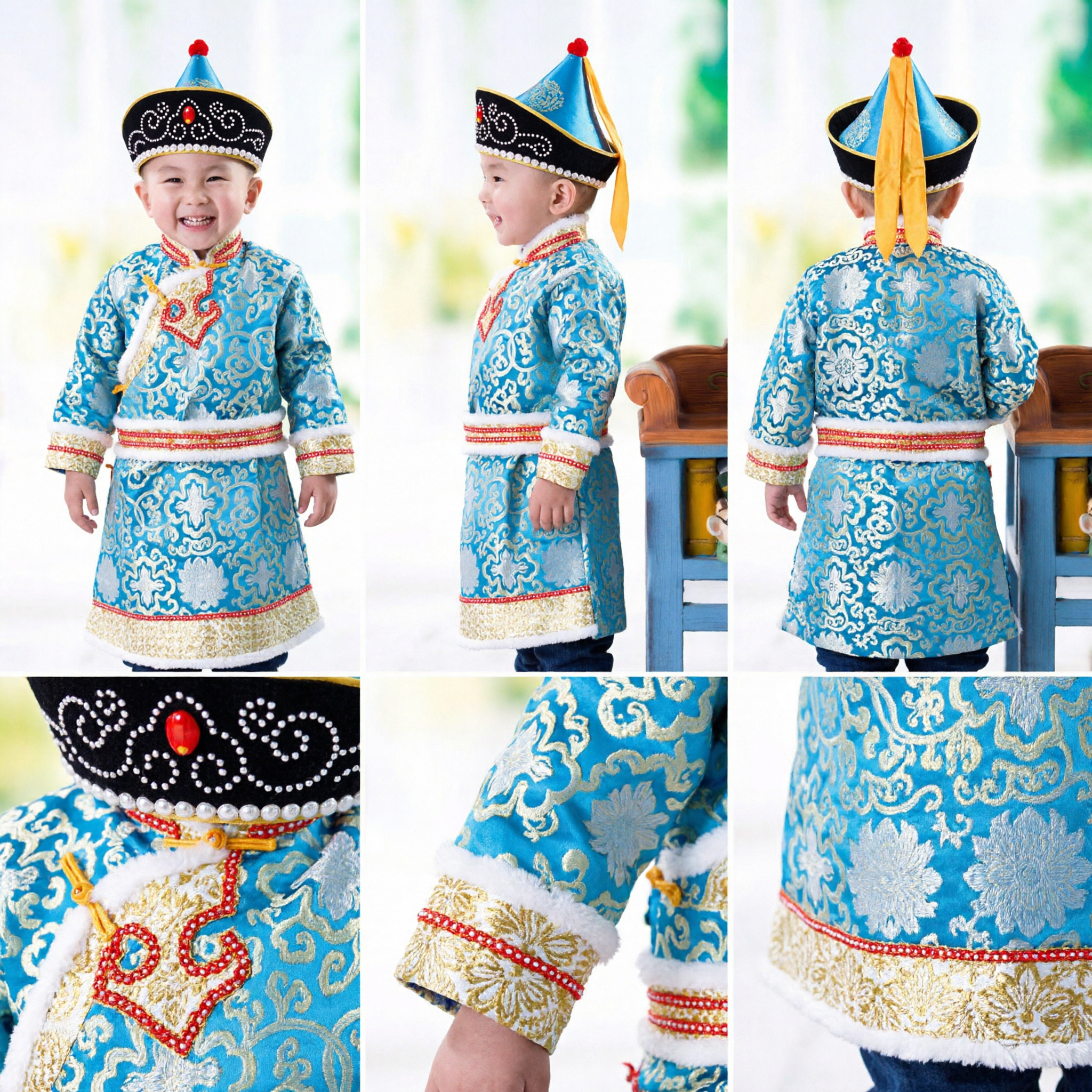 Traditioneel Mongools Etnisch Kostuum voor Kinderen Blauw Brokaat Gewaad met Bontafgezette Hoed Festivalkleding - Asian Costume