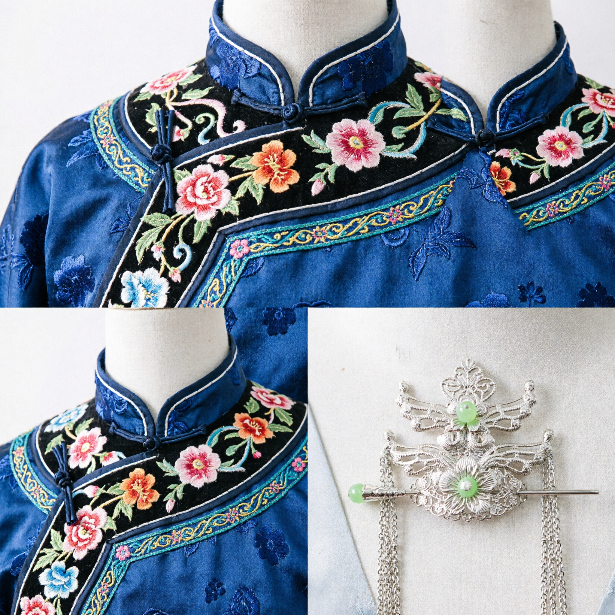 Traditioneel Chinees Zilver Filigraan Haarsieraad met Groene Jade Kralen Vlinderbloem Hanfu Hoofddekseljuweel voor Vrouwen - Asian Costume