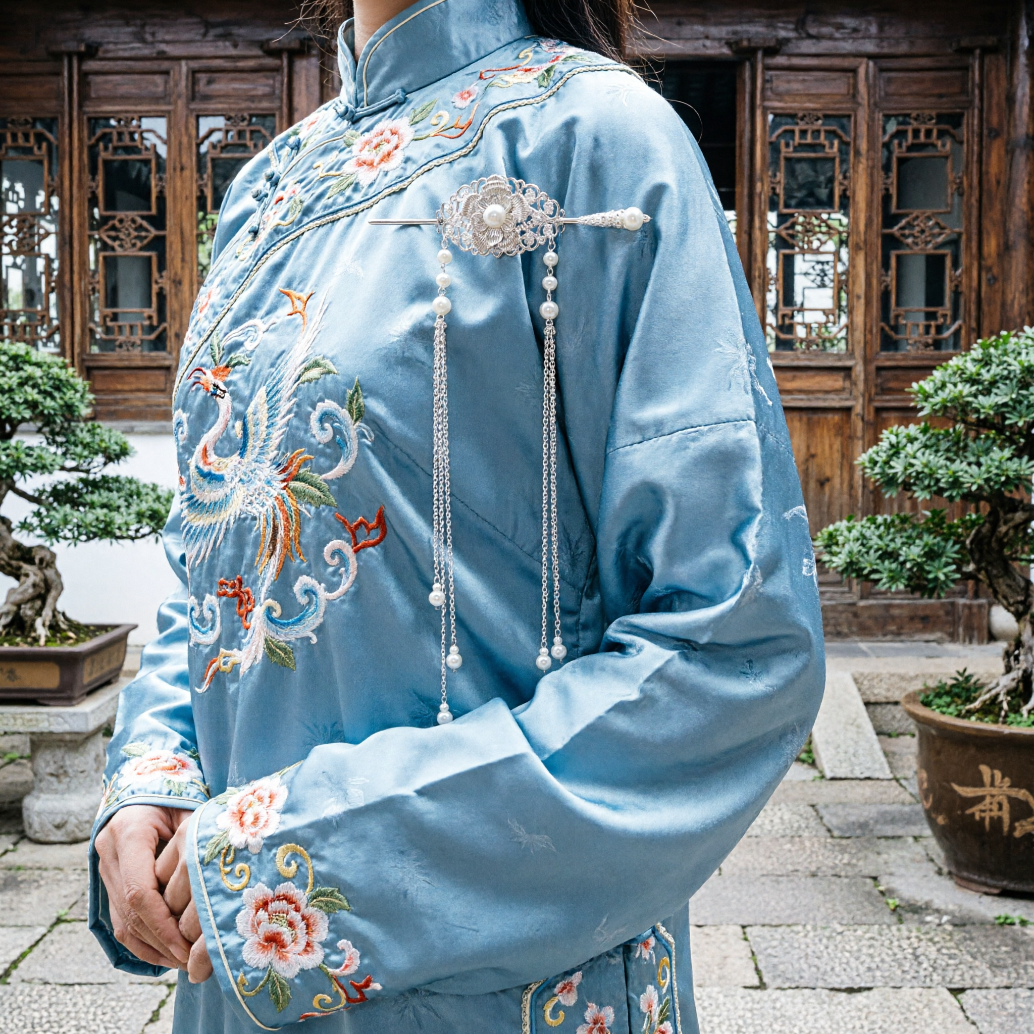 Tradycyjny Chiński Historyczny Włosoczep Srebrny Kwiat z Perłami i Chwostem Spinka do Włosów Akcesoria Hanfu Biżuteria Ślubna - Asian Costume