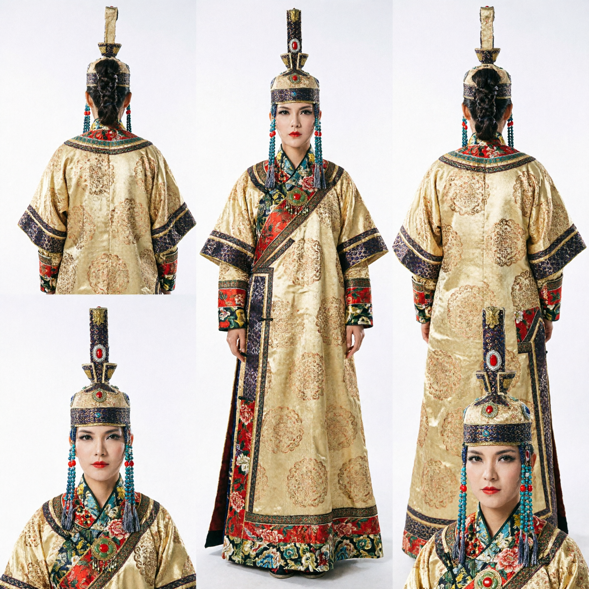 Traditioneel Mongools Etnische Minderheidskostuum Gouden Brokaat Gewaad en Hoofddekselset voor Vrouwen Bruiloftsdans - Asian Costume