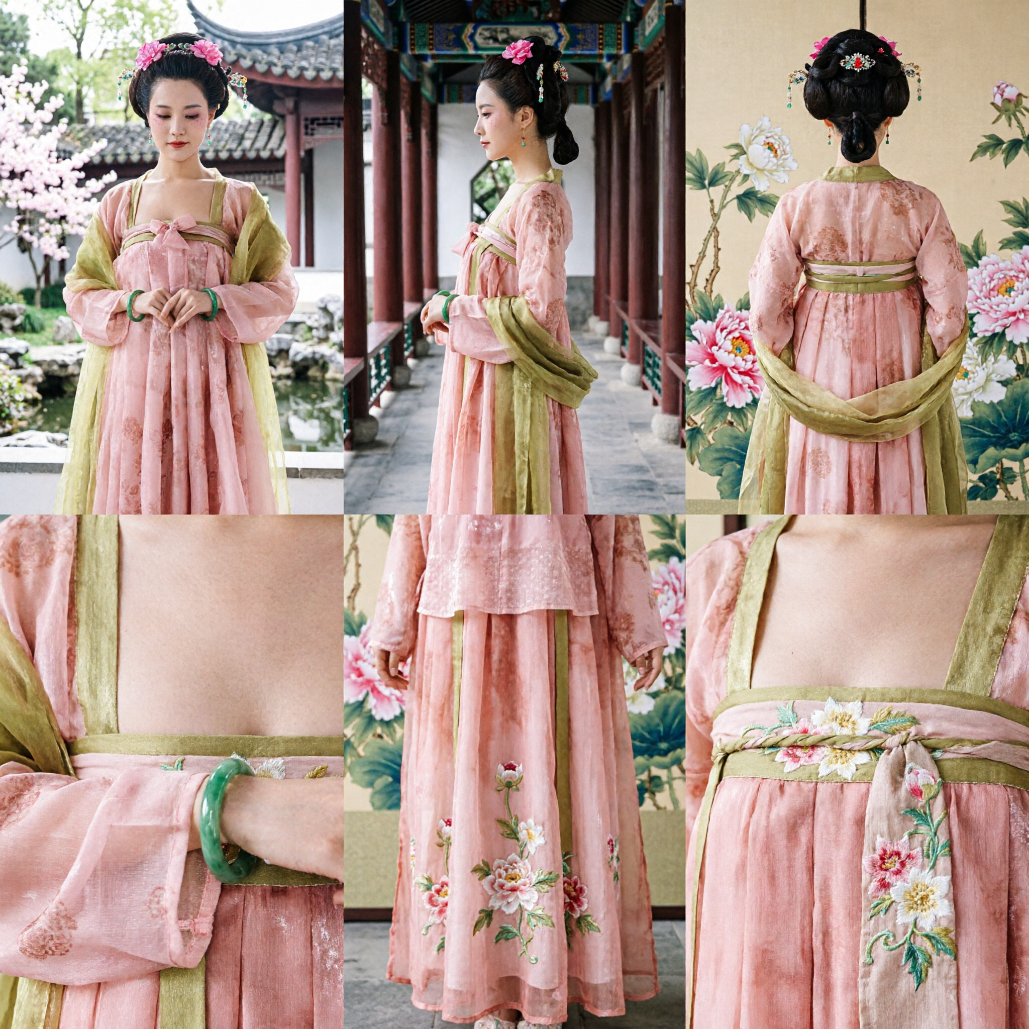 Traje Hanfu da Dinastia Tang Tradicional Chinês, Vestido de Dama do Palácio Antigo em Rosa e Verde para Mulheres - Asian Costume