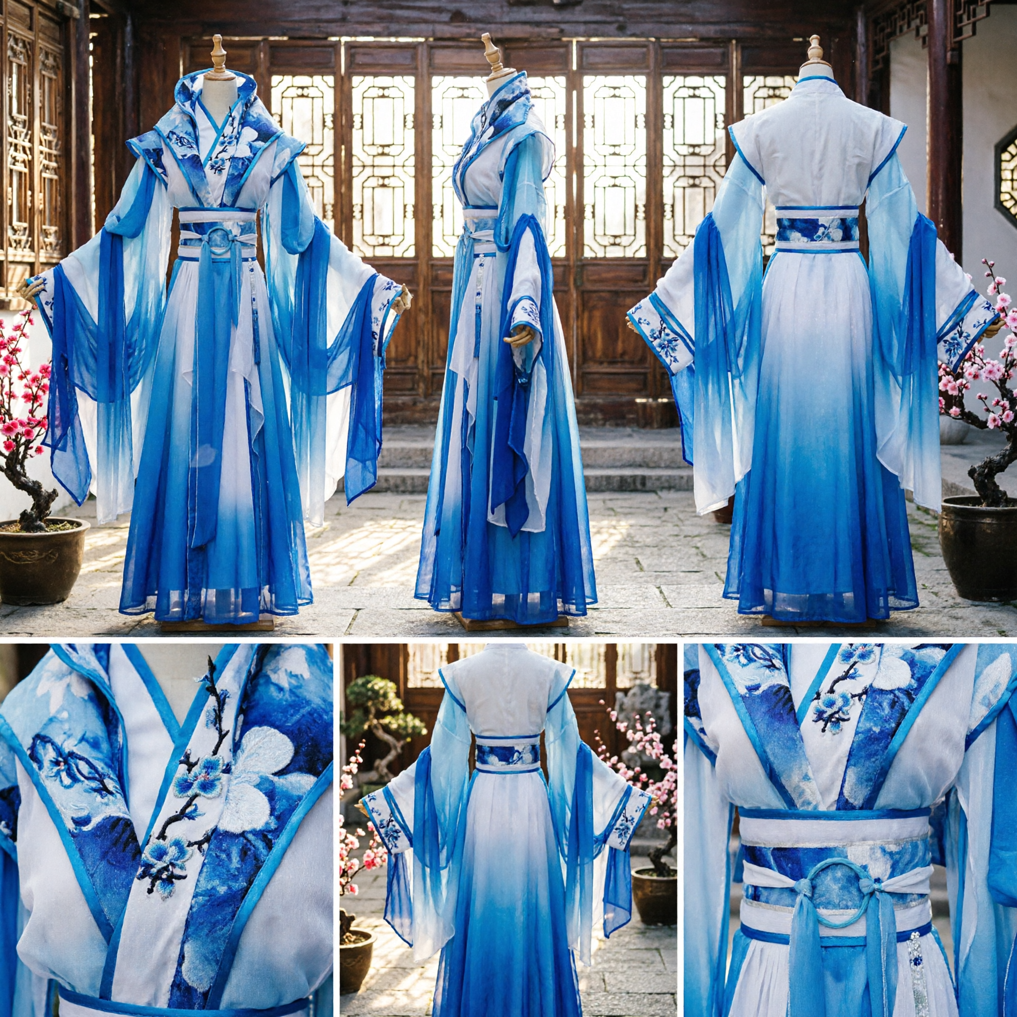 Traje Hanfu Tradicional Chinês Azul e Branco, Robe de Estudioso Antigo com Manga Larga para Cosplay - Asian Costume