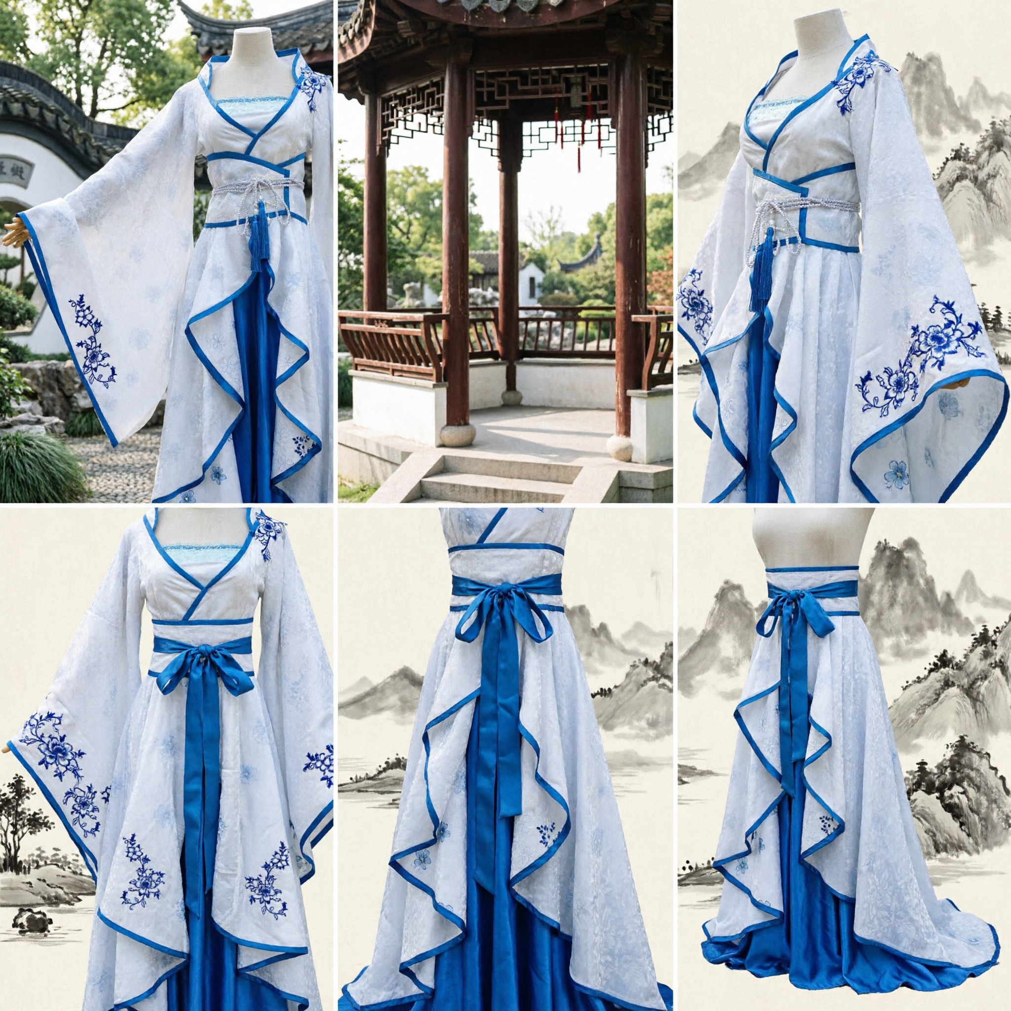 Elegantes blau-weißes chinesisches Hanfu, antikes Kostüm, besticktes Kleid mit weiten Ärmeln für Feen-Darstellungen, für Frauen-Cosplay - Asian Costume