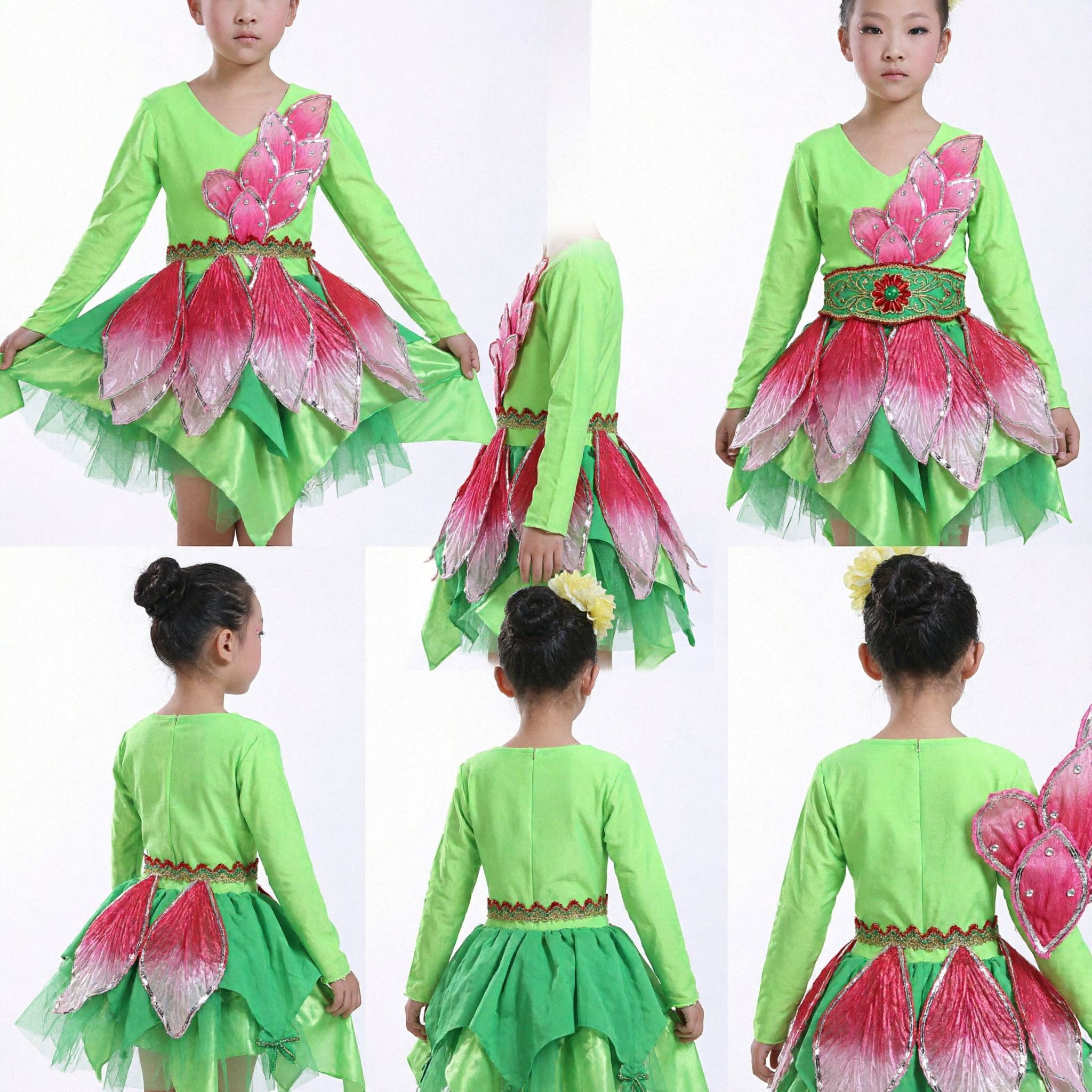 Costume da danza per bambine con fiori di loto verdi, completo tradizionale cinese folk per spettacoli con gonna a petali rosa - Asian Costume