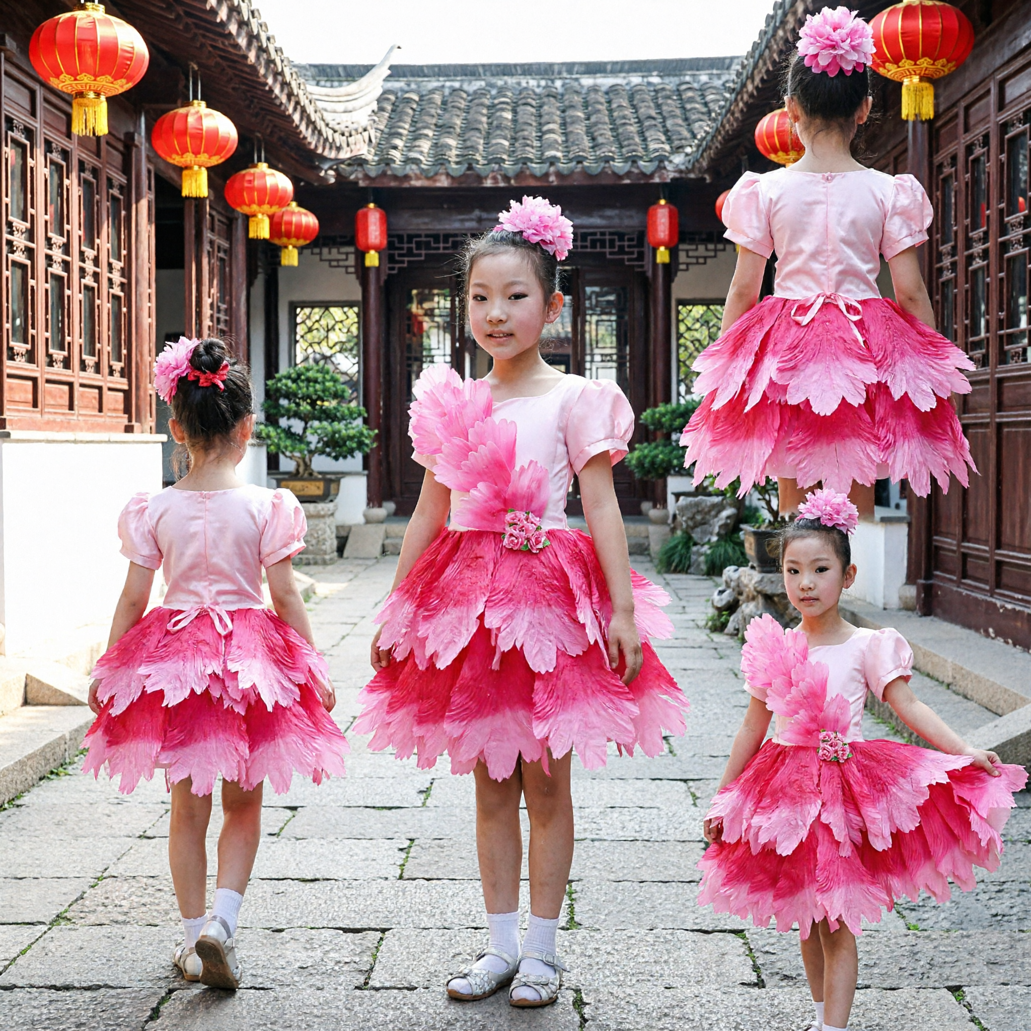 Meisjes Roze Bloem Dans Kostuum Traditionele Chinese Volksdans Podium Optreden Jurk voor Kinderen - Asian Costume