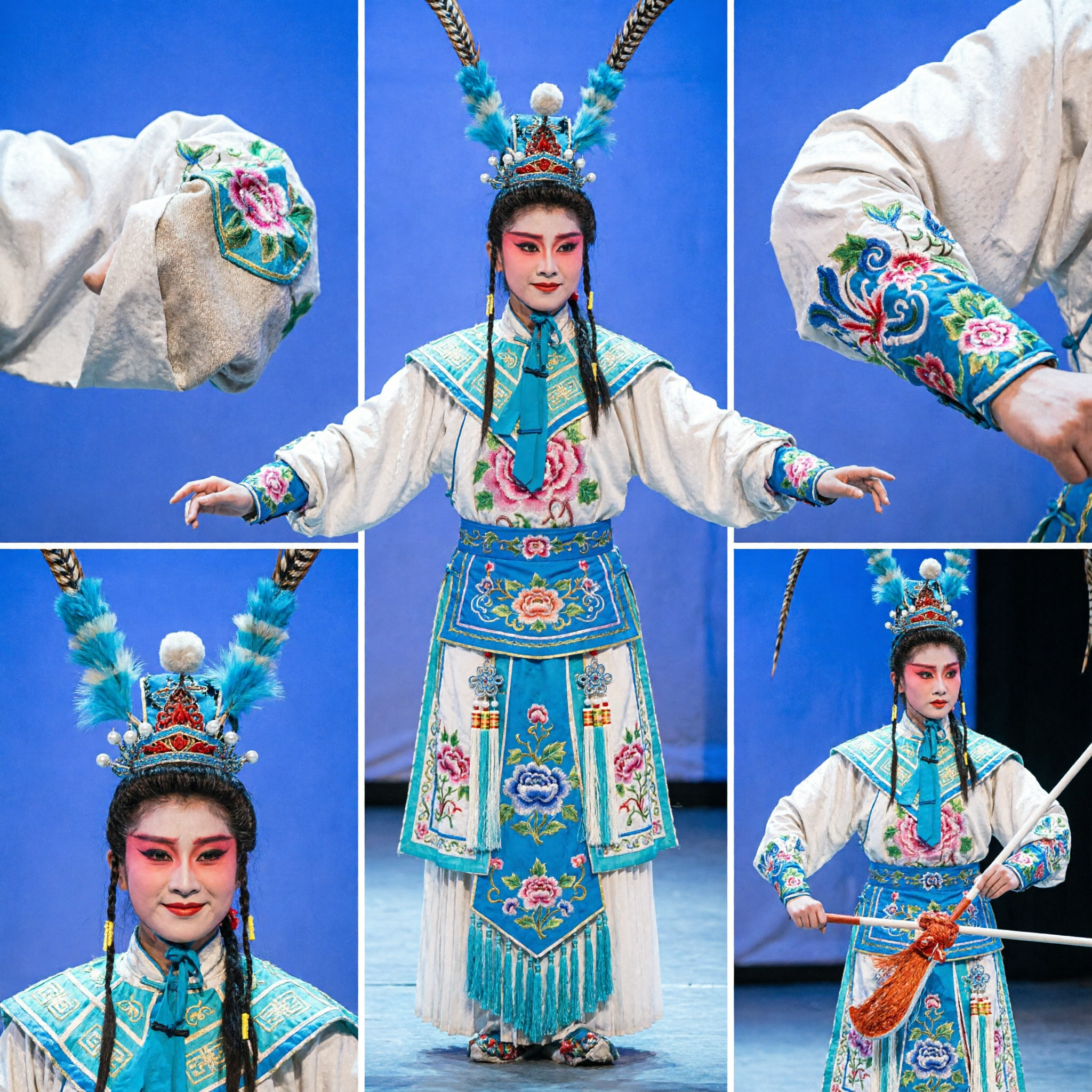Professioneel Chinese Peking Opera Generaal Kostuum met Blauw Geborduurde Pantser en Fazantenveren voor Podiumoptreden - Asian Costume