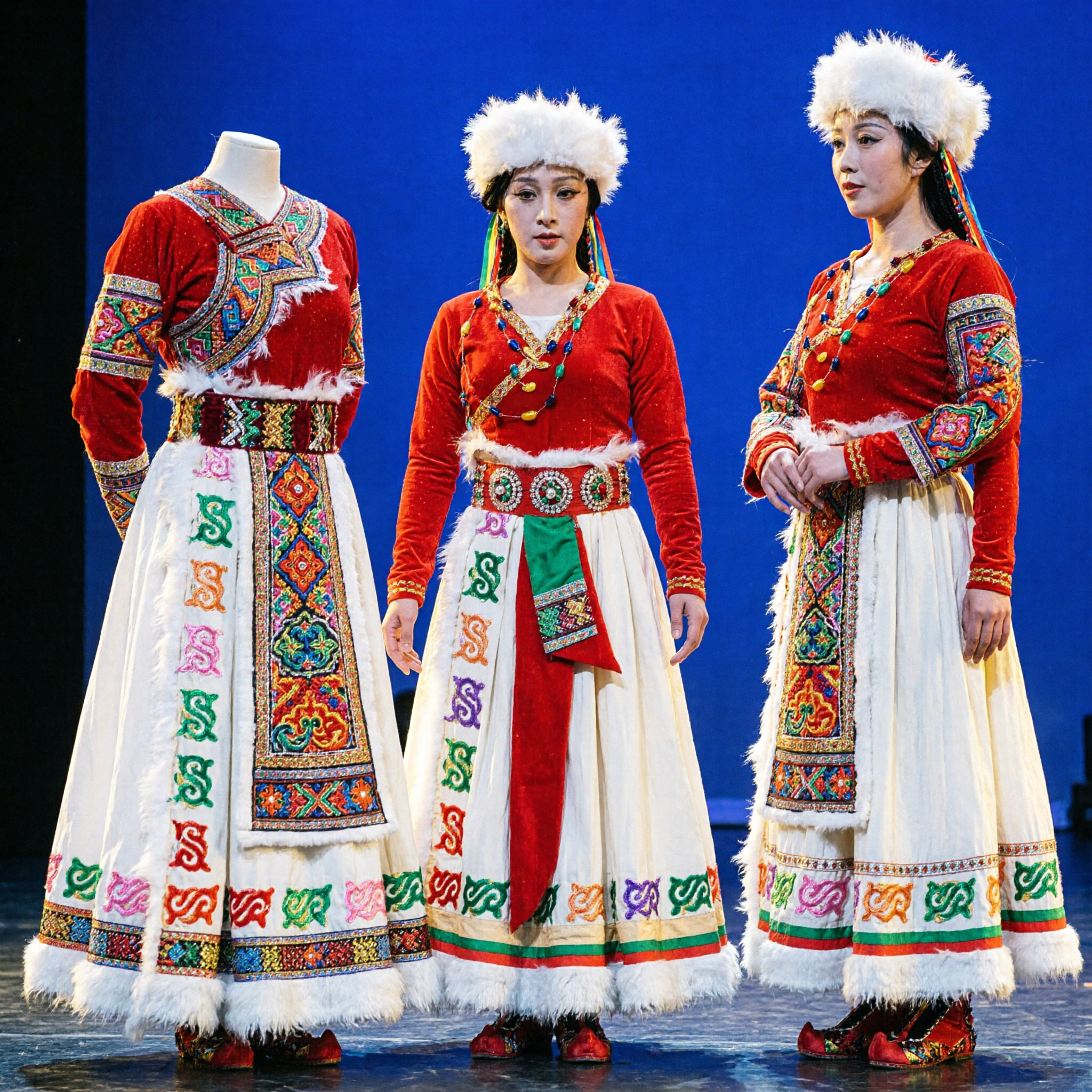 Costume completo da danza etnico tibetano tradizionale cinese per donne, con cappello di pelliccia per spettacoli e festival culturali - Asian Costume