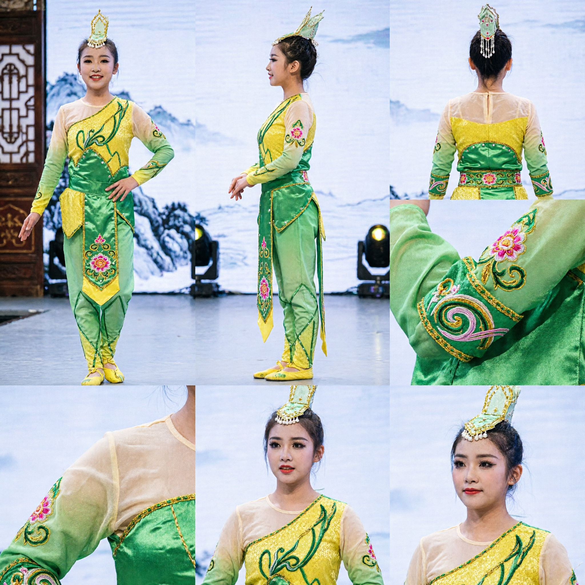 Kinderen Meisjes Groene Bamboescheut Dans Kostuum Traditionele Chinese Volks Podium Optreden Groeps Outfit - Asian Costume