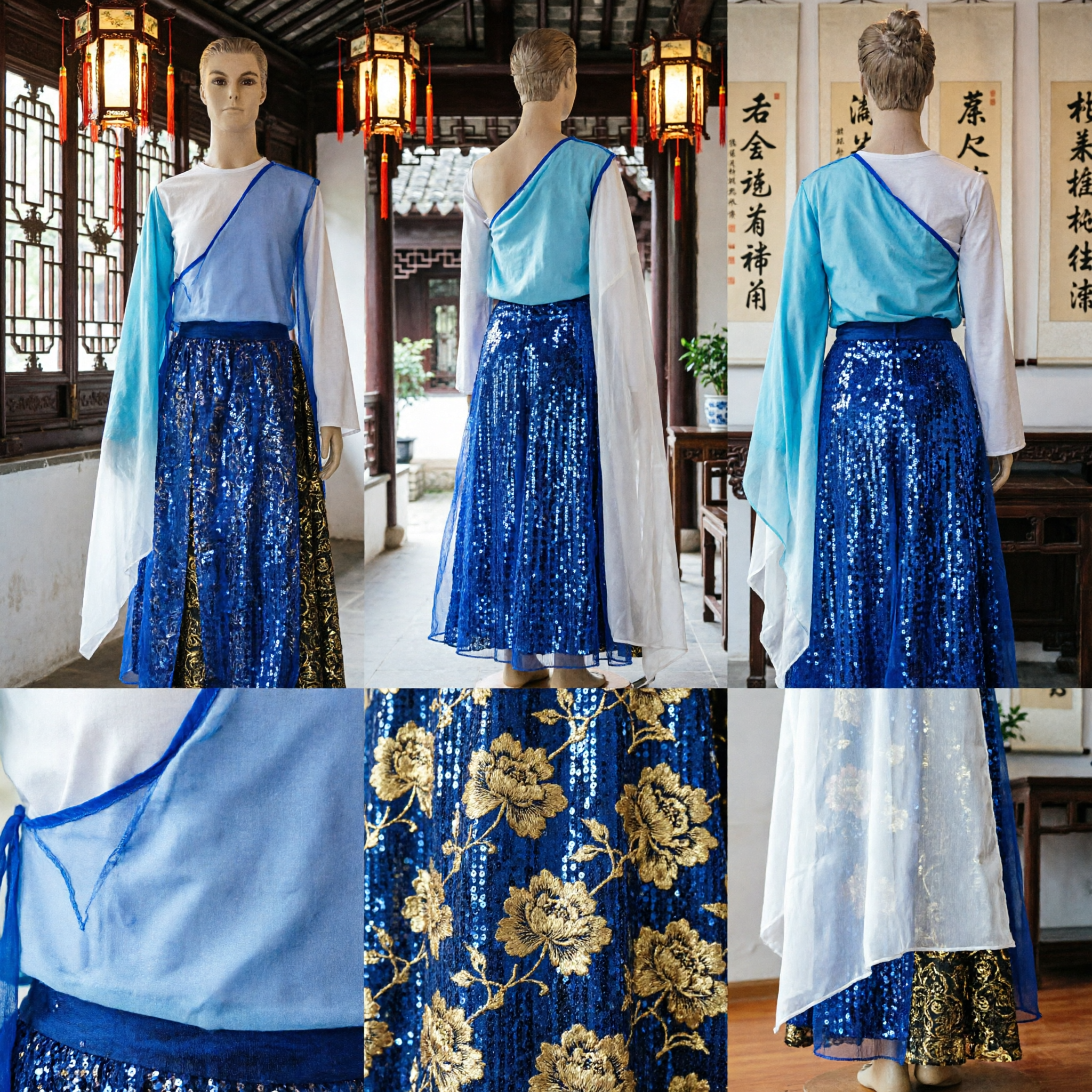 Traditionelles blaues chinesisches klassisches Tanzkostüm mit langen Wassersärmeln und goldbesticktem Rock für Bühnenauftritte - Asian Costume