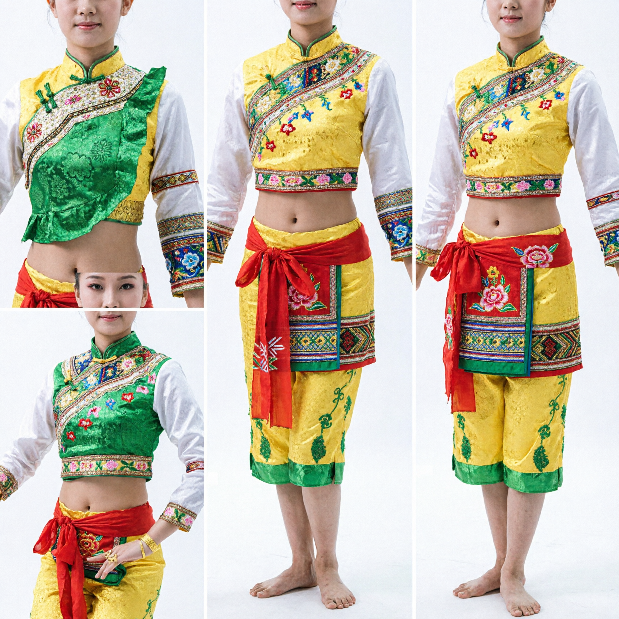 Chinese Traditional Fan Dance Costume Women Green Sequin Top Yellow Lotus Pants Stage Performance Outfit - Asian Costume
