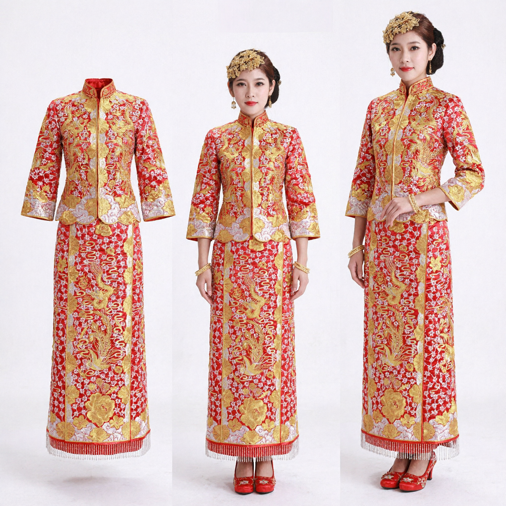 Traditionelles chinesisches Hochzeitskleid, rot-goldene Drachen-Phönix-Stickerei, Qun Kwa Cheongsam für die Braut - Asian Costume