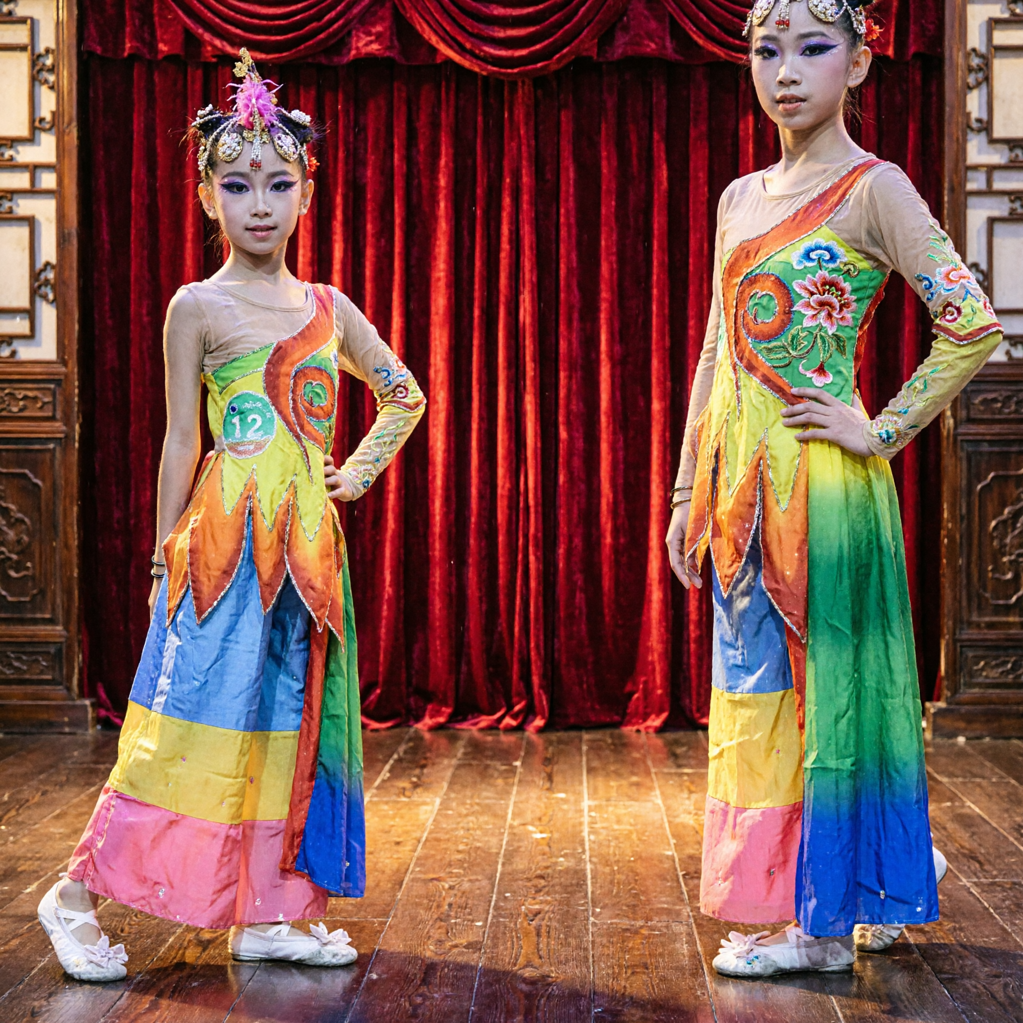 Costume de danse du paon chinois pour filles, robe à éventail arc-en-ciel, tenue folklorique traditionnelle pour spectacle sur scène - Asian Costume