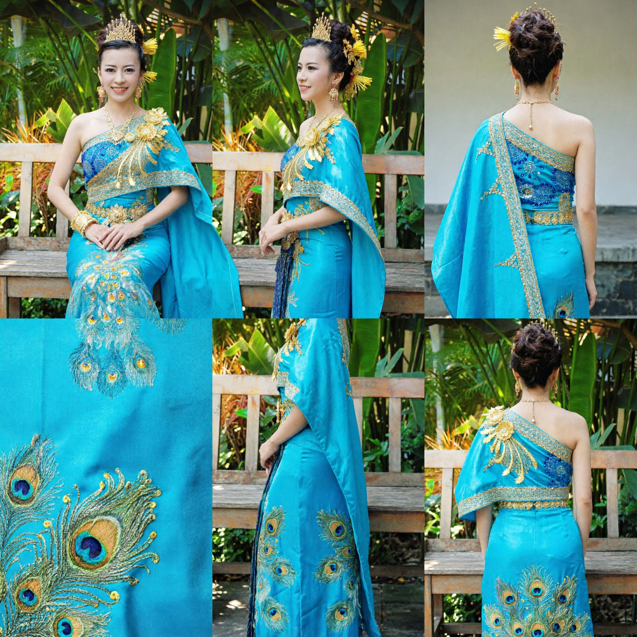 Traje Tradicional Completo para Dança do Pavão da Etnia Dai para Mulheres, Azul com Lantejoulas, Inclui Coroa para Performance no Palco - Asian Costume