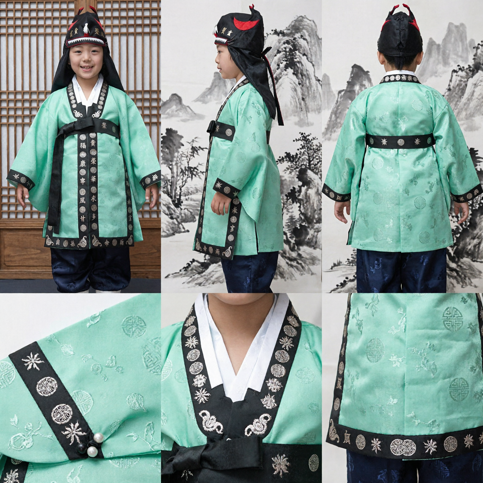 Traditionelles koreanisches Hanbok-Kostüm für Jungen, mintgrüne Jacke mit Goldstickerei und zeremonieller schwarzer Hut - Asian Costume