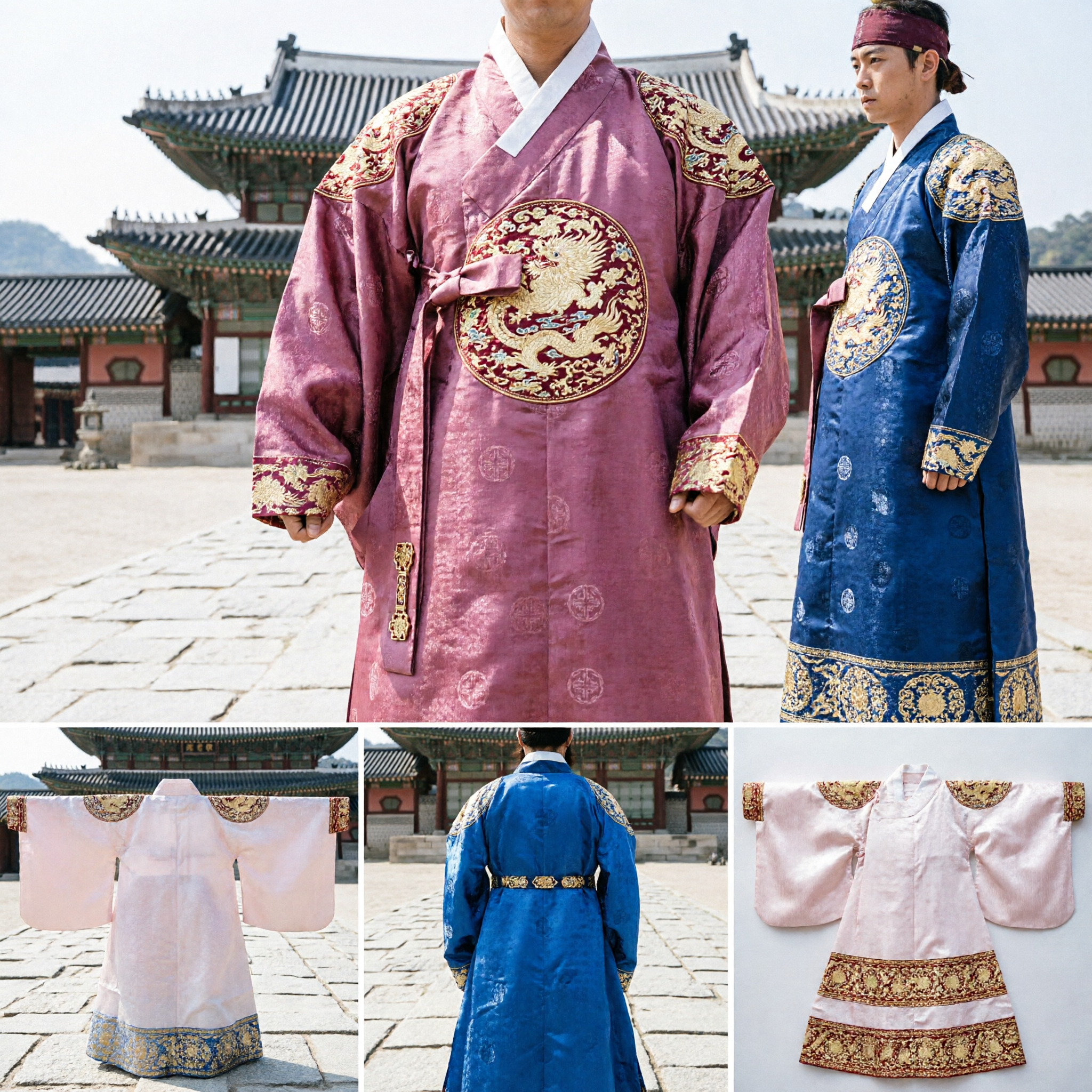 Traditioneel Koreaanse Koning Koninklijk Hanbok-kostuum met bontkraag voor mannen voor historische re-enactment en podiumoptreden - Asian Costume
