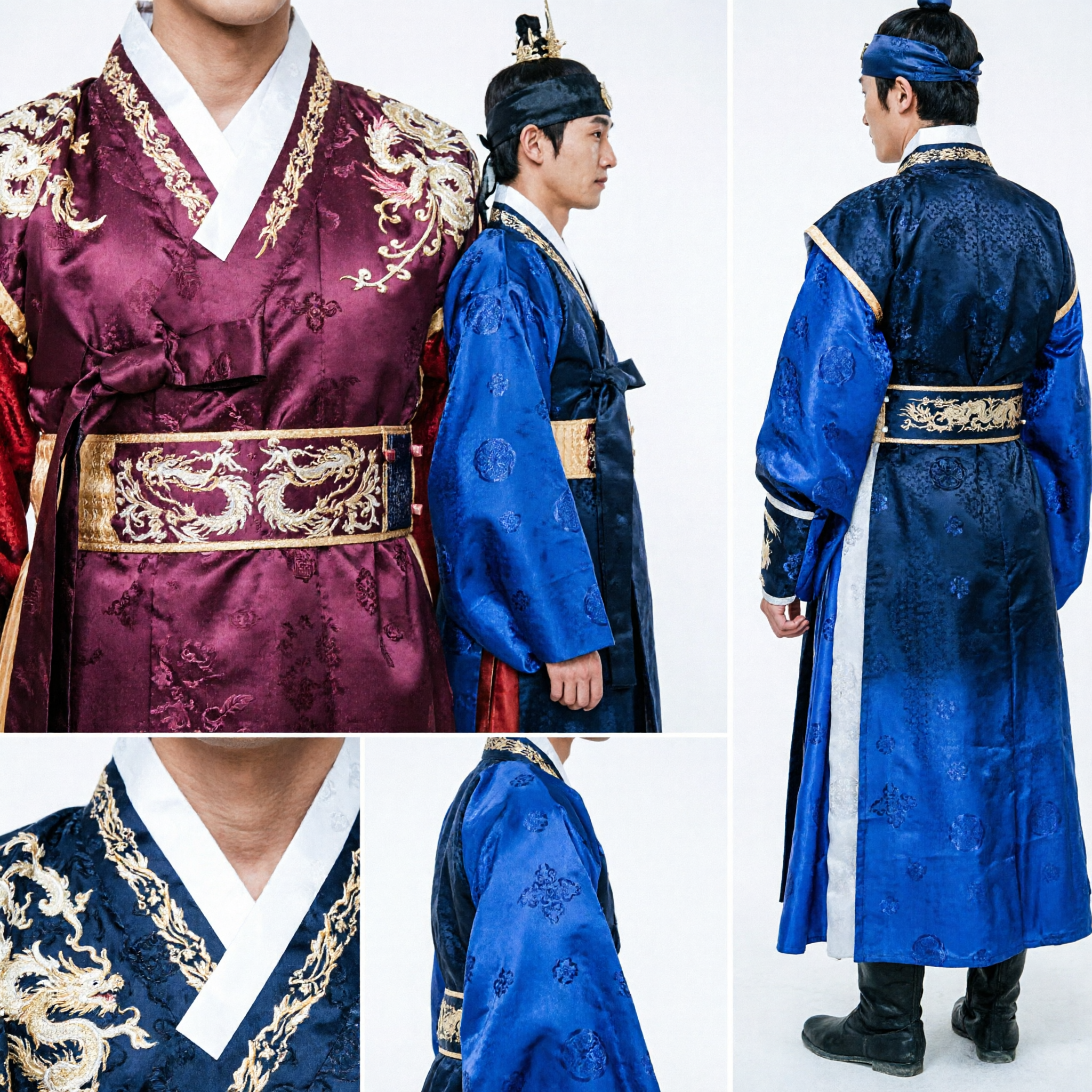 Hanbok coréen traditionnel pour hommes, costume de cour royale, ensemble de robes bleues et rouges, tenue historique - Asian Costume