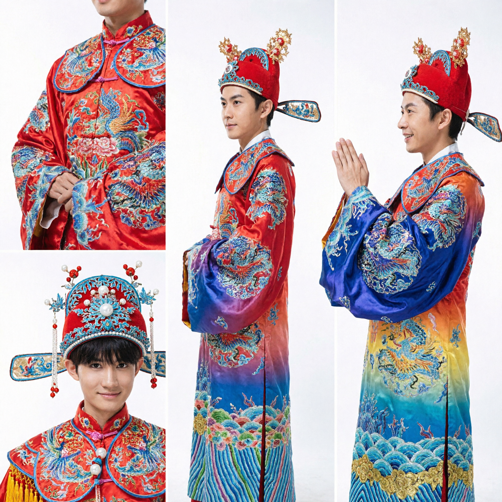 Традиционный китайский свадебный костюмный набор для невесты и жениха, красные халаты с драконом и фениксом для сценических выступлений - Asian Costume