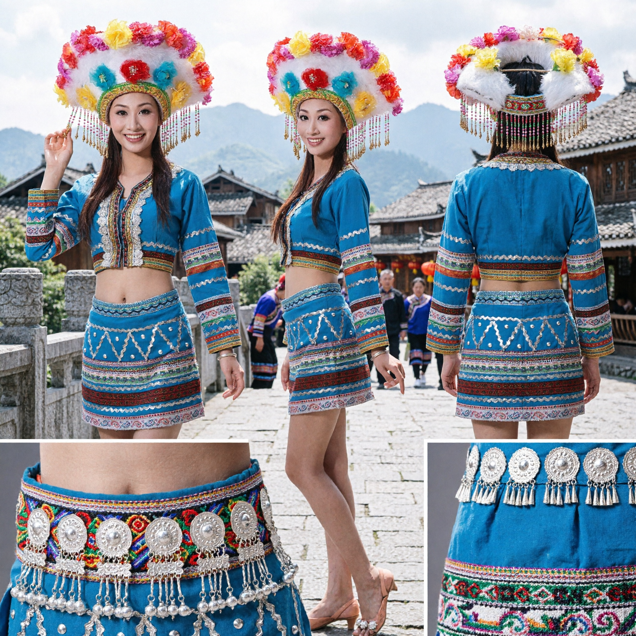 Vestito tradizionale blu delle minoranze etniche cinesi con cappello floreale colorato per donne, per esibizioni di danza sul palco - Asian Costume